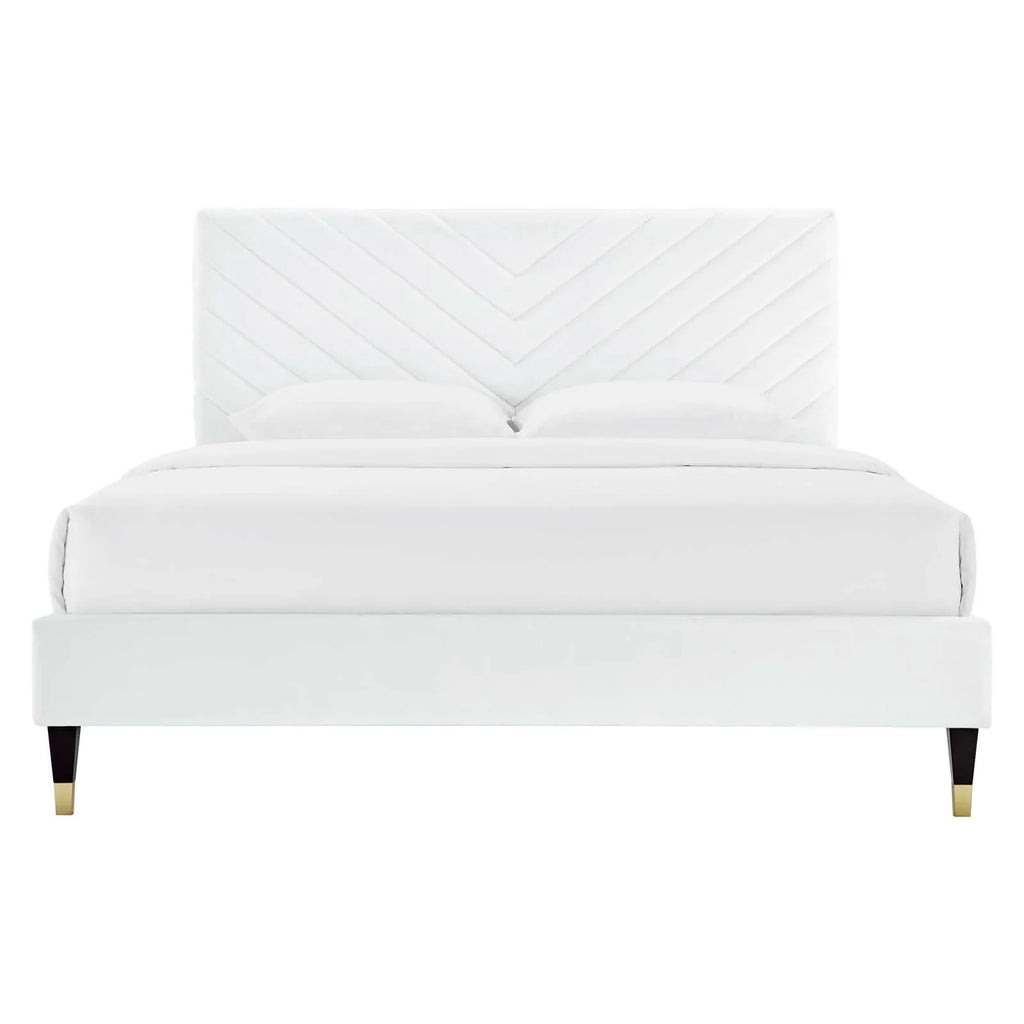 Roxanne Performance Velvet Platform Bed With Wood and Gold Legs