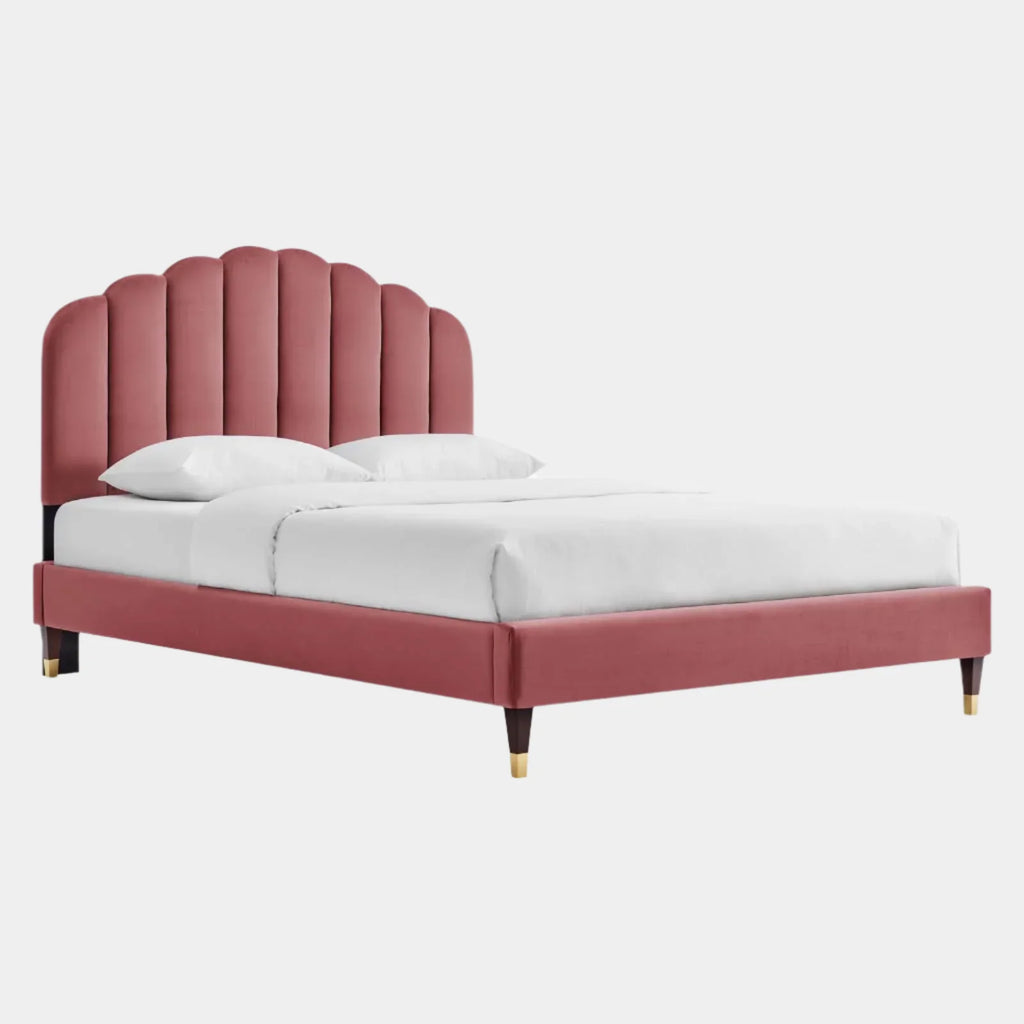 Daisy Performance Velvet Platform Bed Wood and Gold Legs