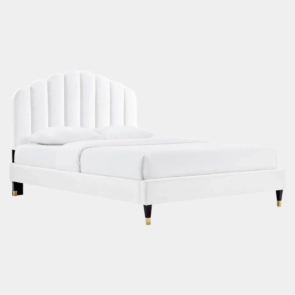 Daisy Performance Velvet Platform Bed Wood and Gold Legs