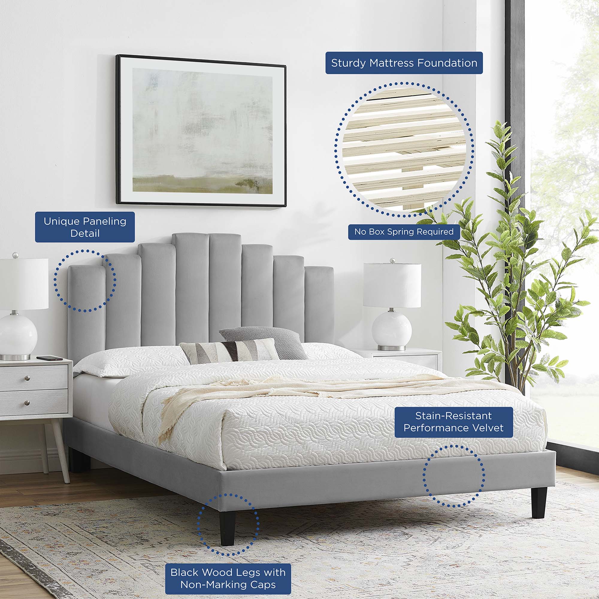 Elise Performance Velvet Platform Bed With Black Wood Legs