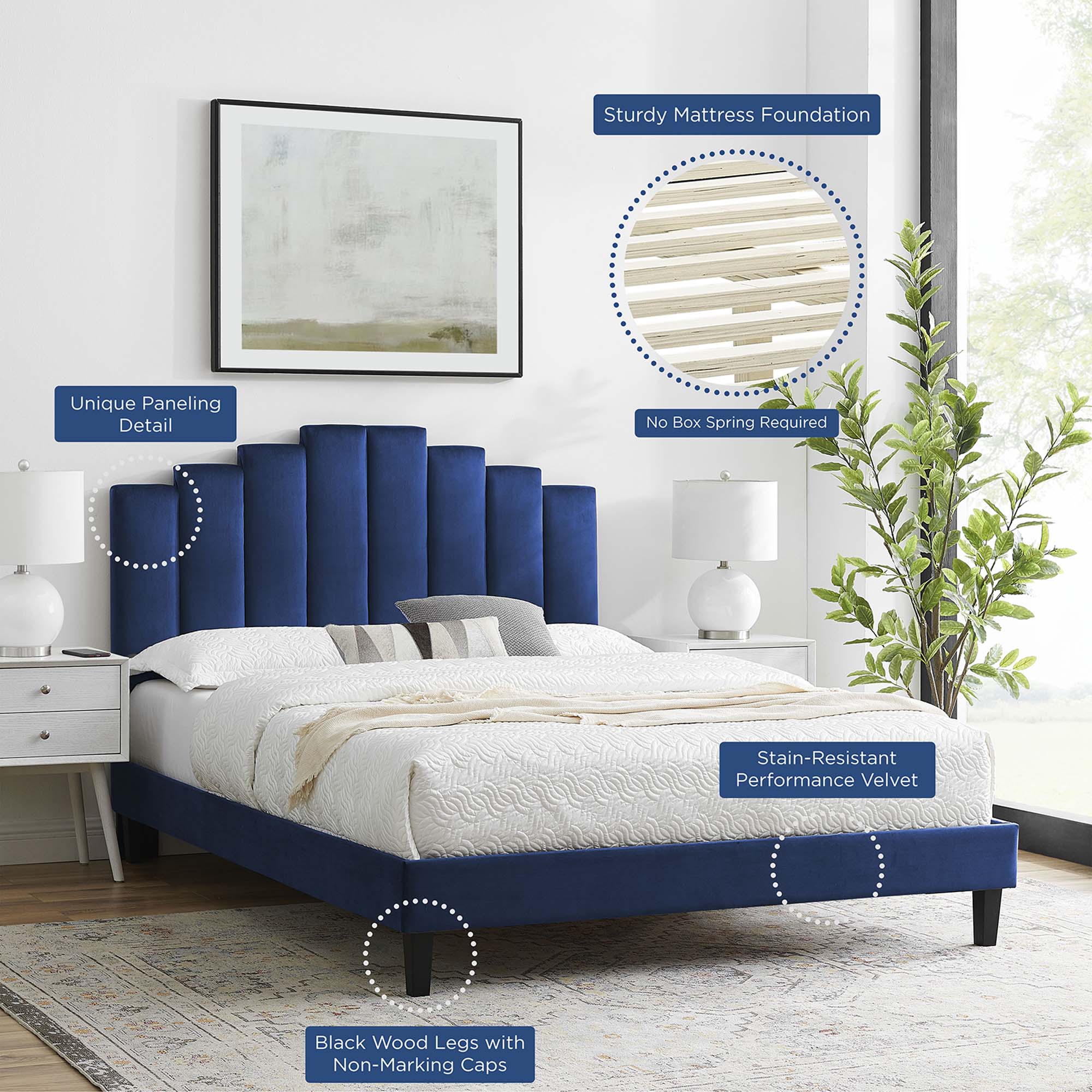 Elise Performance Velvet Platform Bed With Black Wood Legs