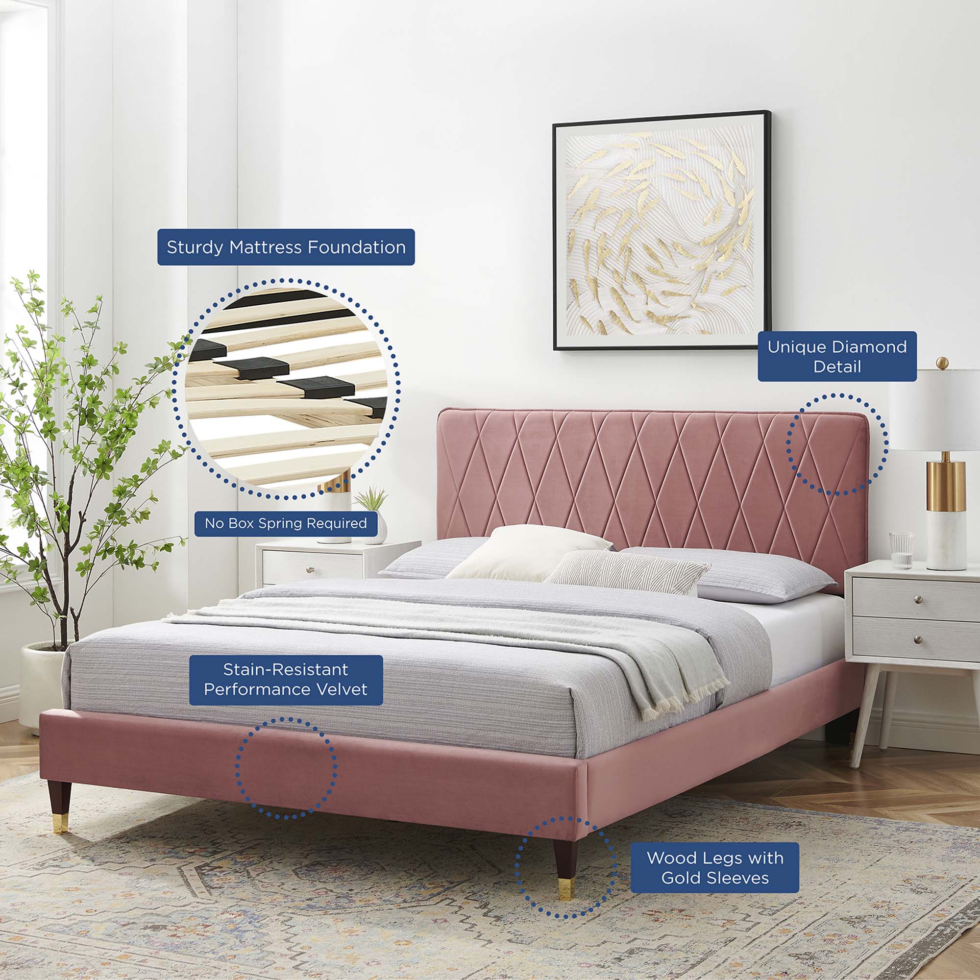 Phillipa Performance Velvet Platform Bed With Wood and Gold Legs