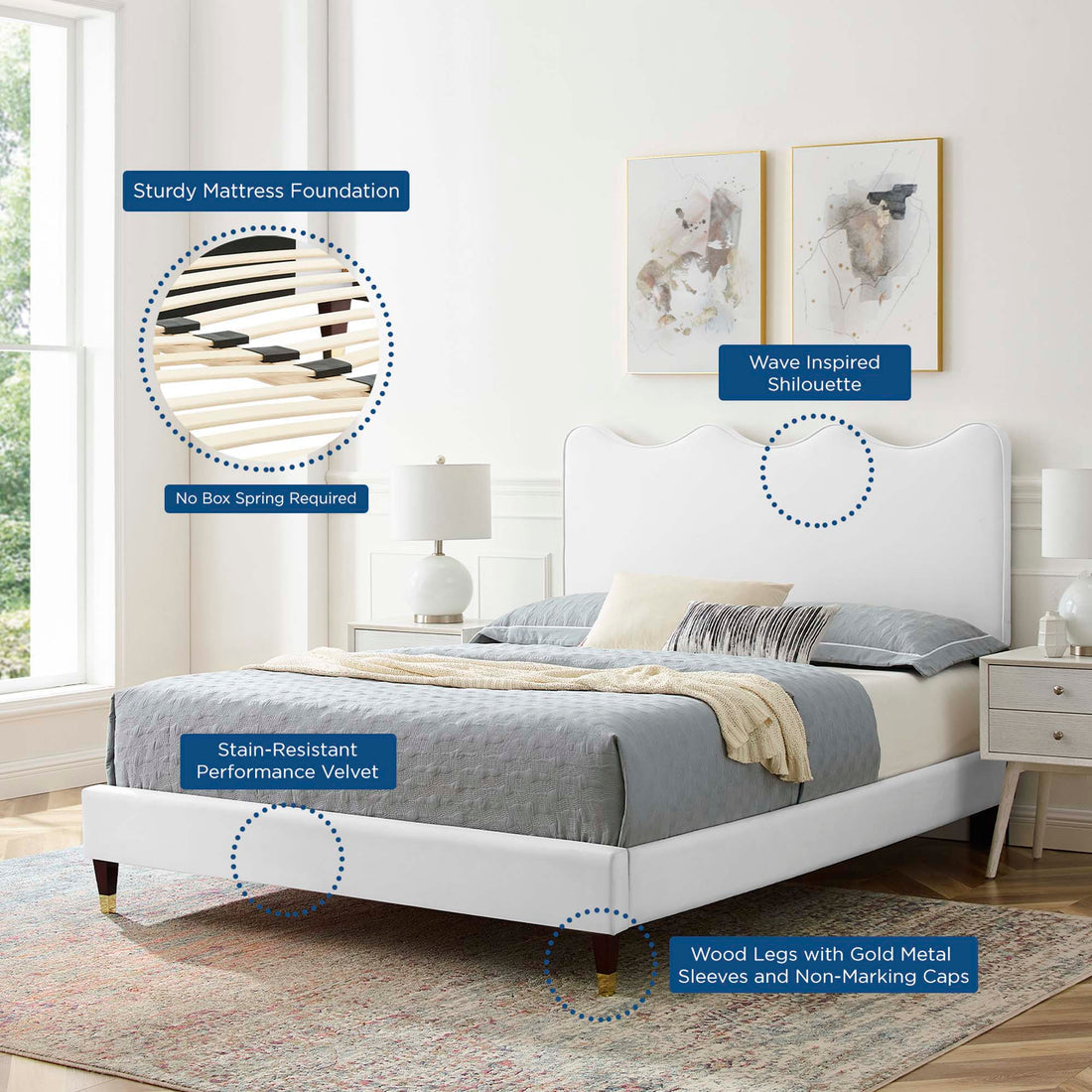 Current Performance Velvet Platform Bed With Wood and Gold Legs