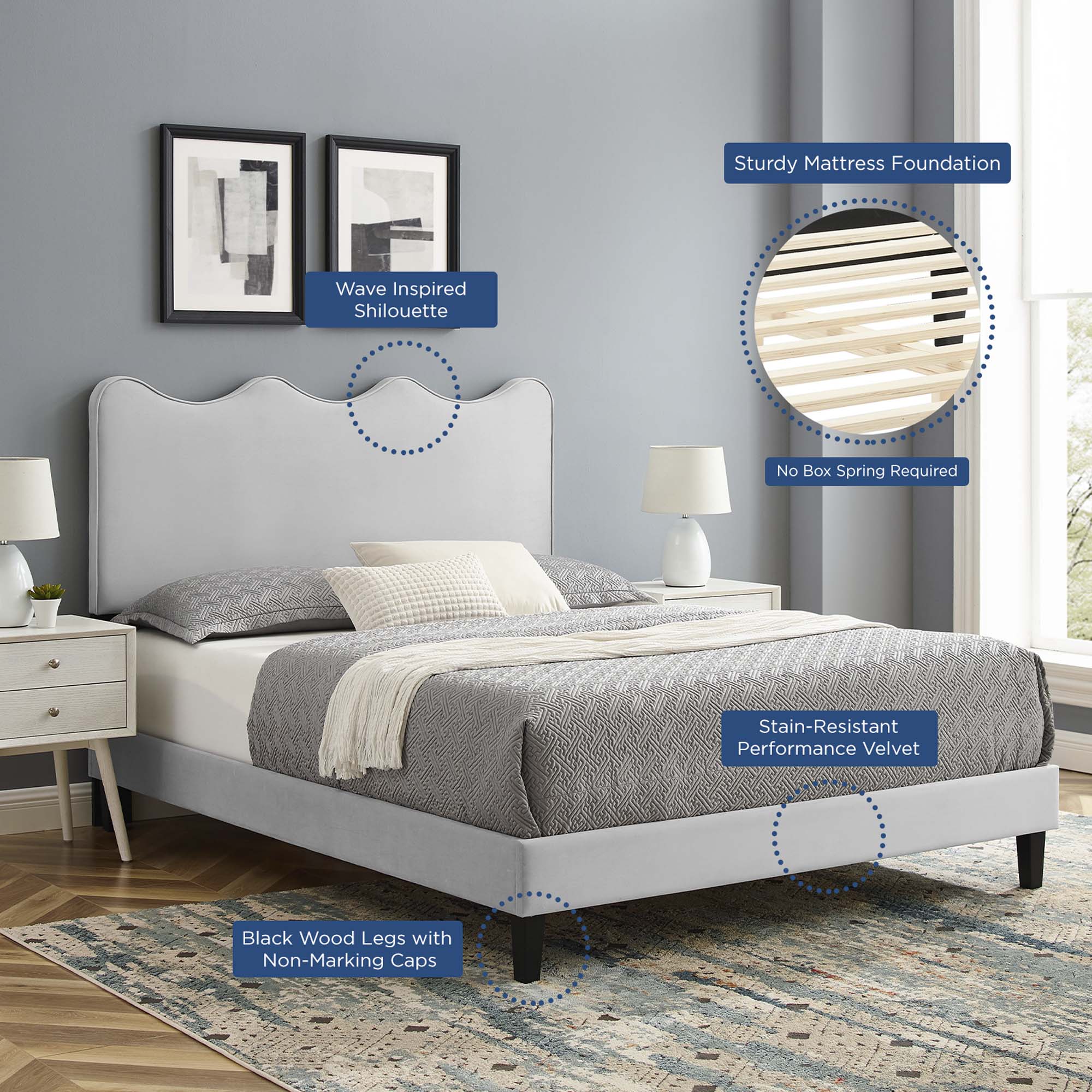 Current Performance Velvet Platform Bed With Black Wood Legs