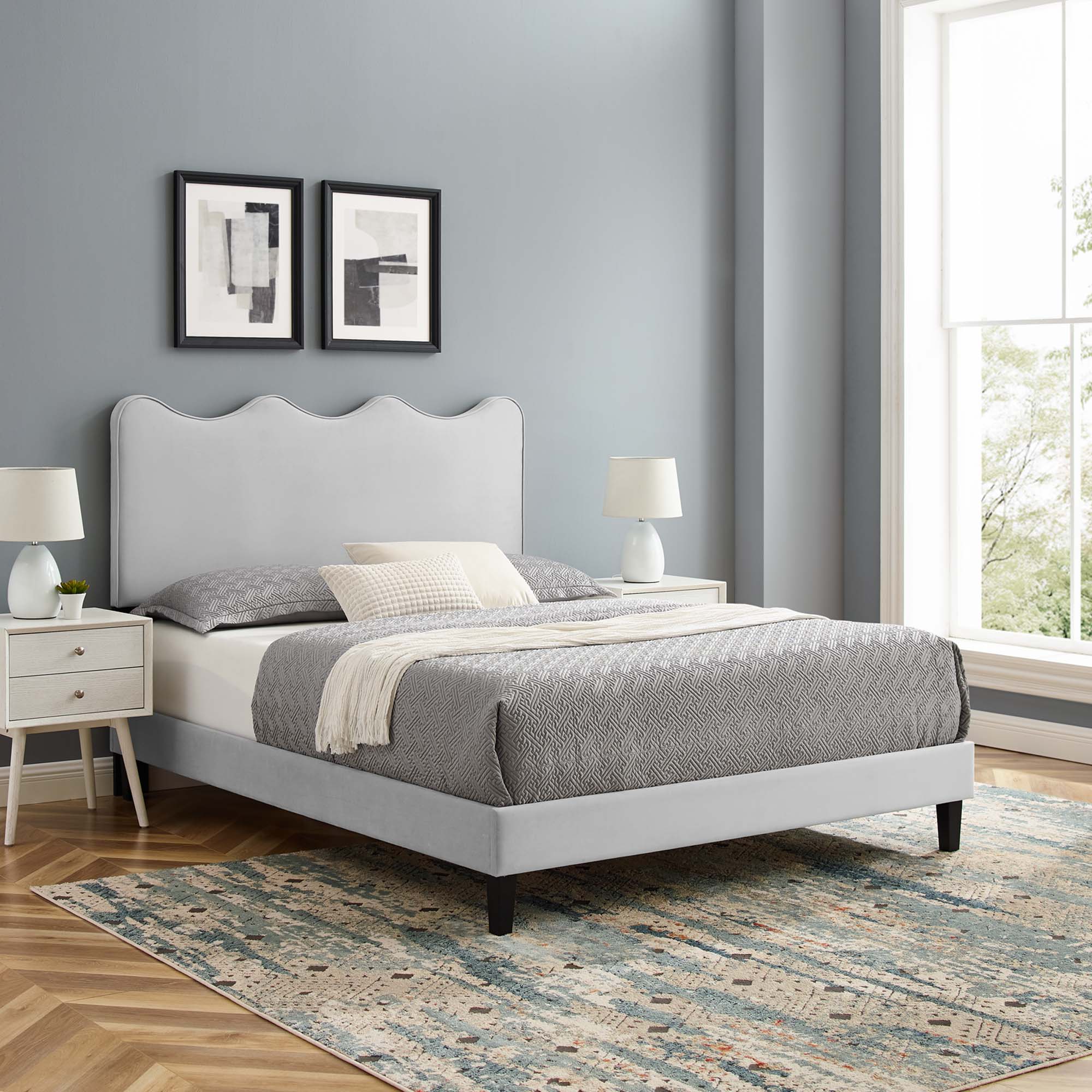 Current Performance Velvet Platform Bed With Black Wood Legs