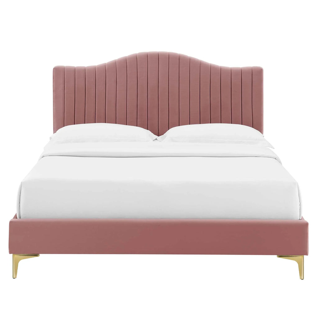 Juniper Channel Tufted Performance Velvet Platform Bed With Gold Metal Legs