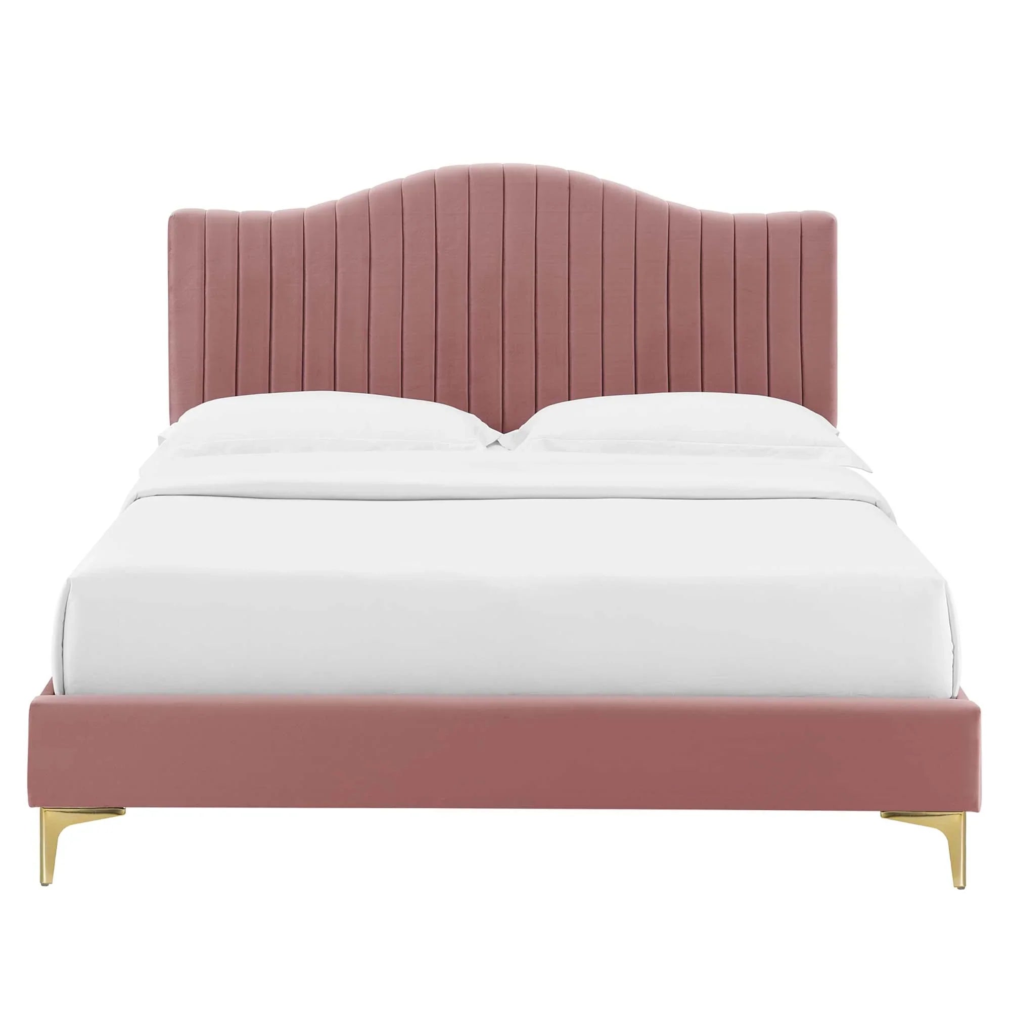 Juniper Channel Tufted Performance Velvet Platform Bed With Gold Metal Legs