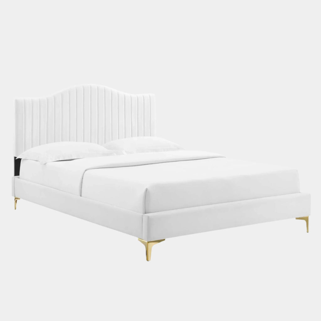 Juniper Channel Tufted Performance Velvet Platform Bed With Gold Metal Legs