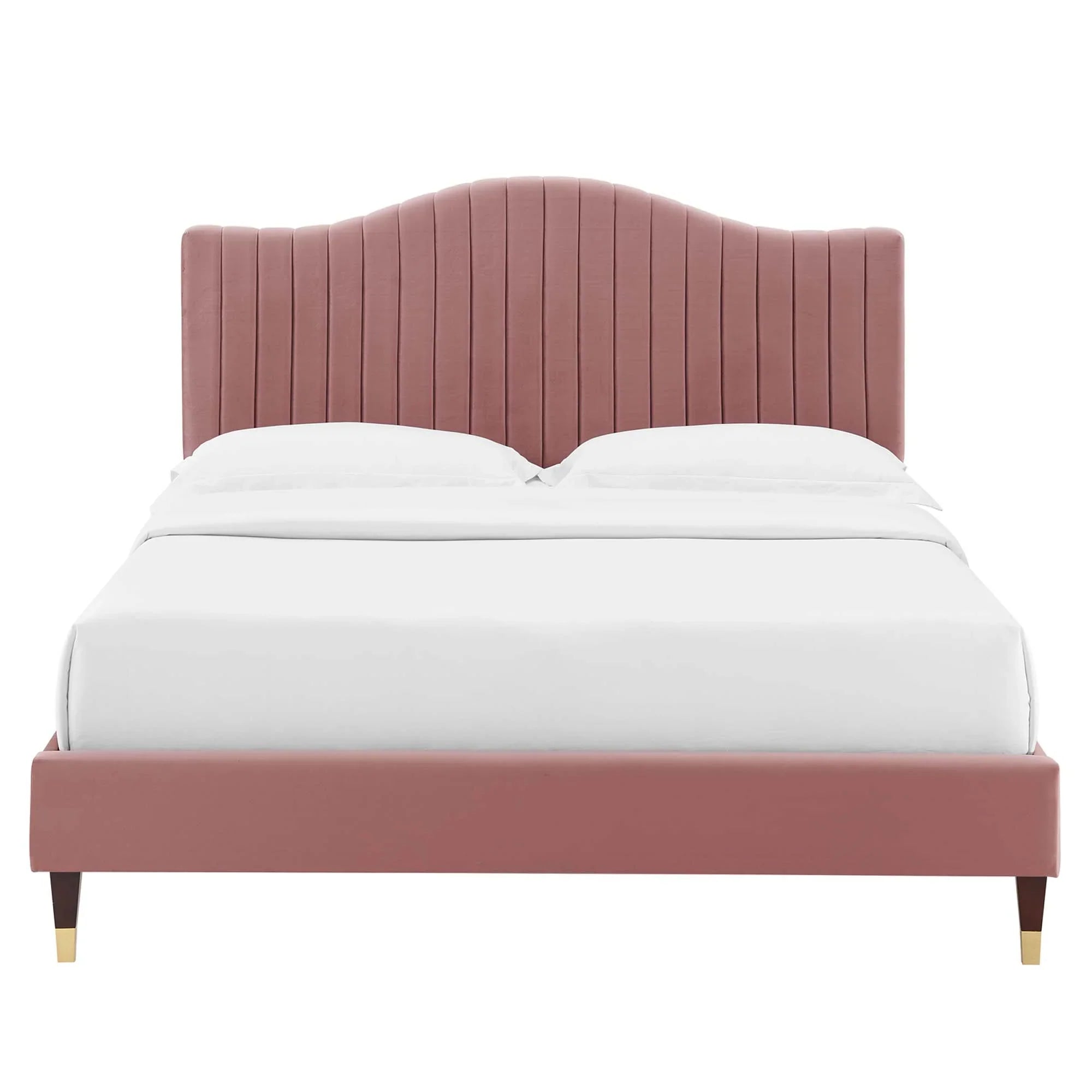 Juniper Channel Tufted Performance Velvet Platform Bed With Wood and Gold Legs