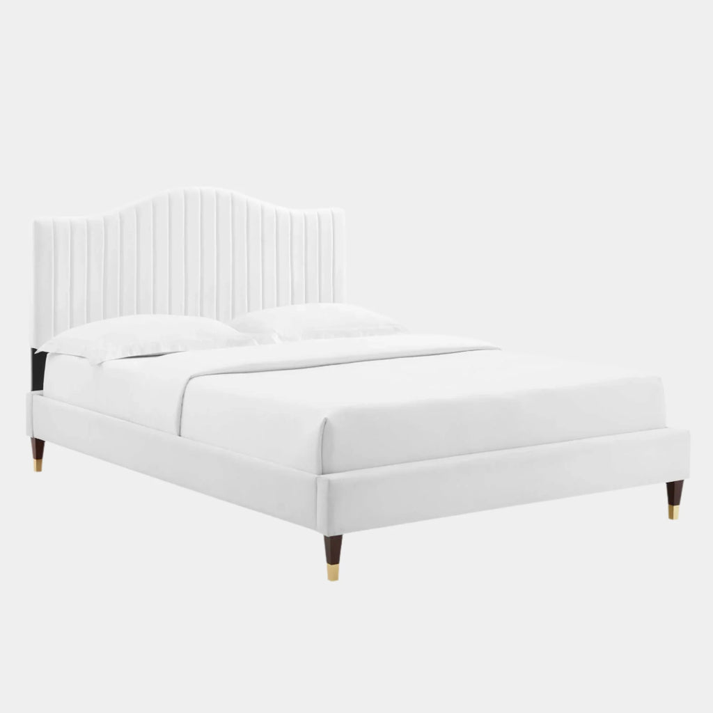 Juniper Channel Tufted Performance Velvet Platform Bed With Wood and Gold Legs