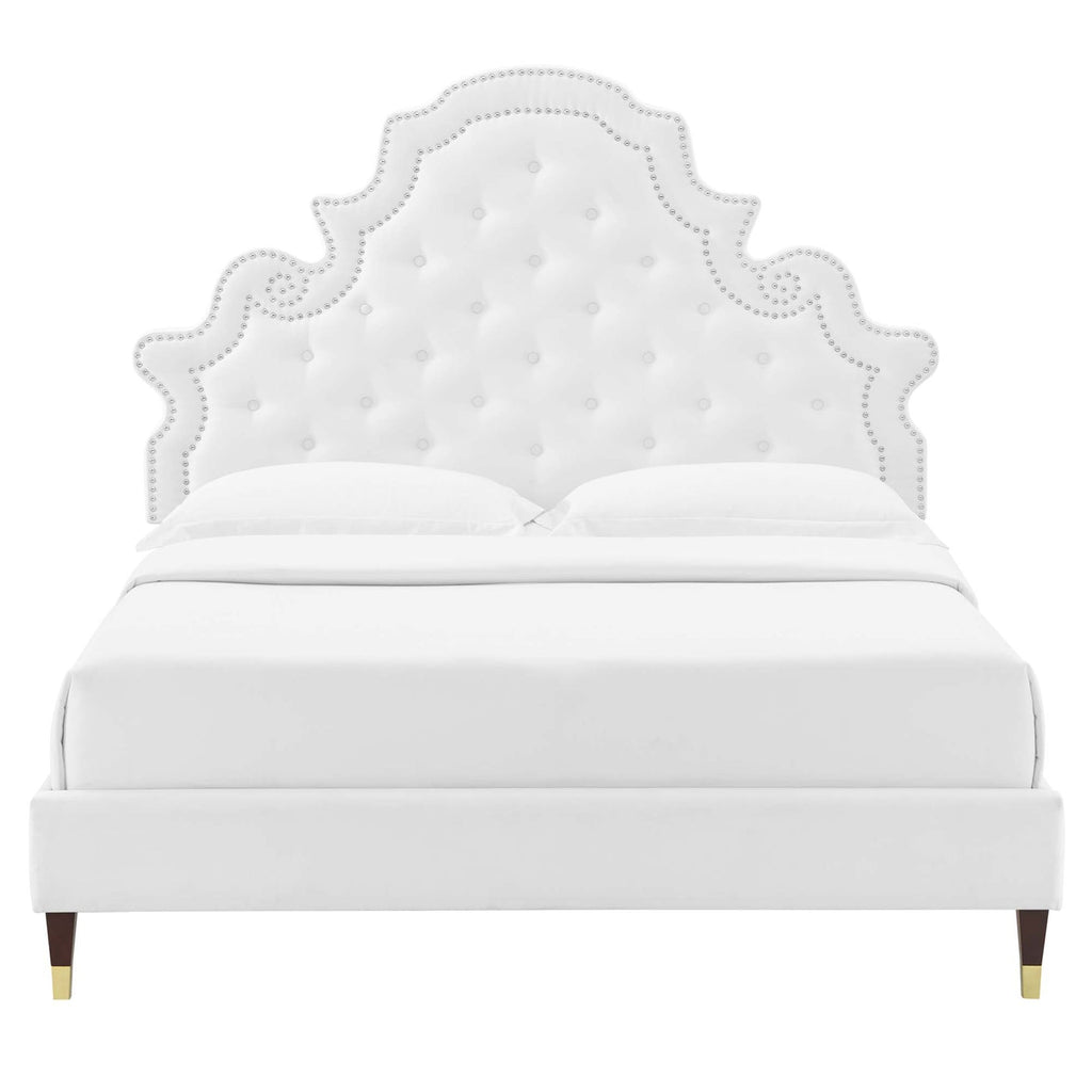 Gwyneth Tufted Performance Velvet Platform Bed With Wood and Gold Legs
