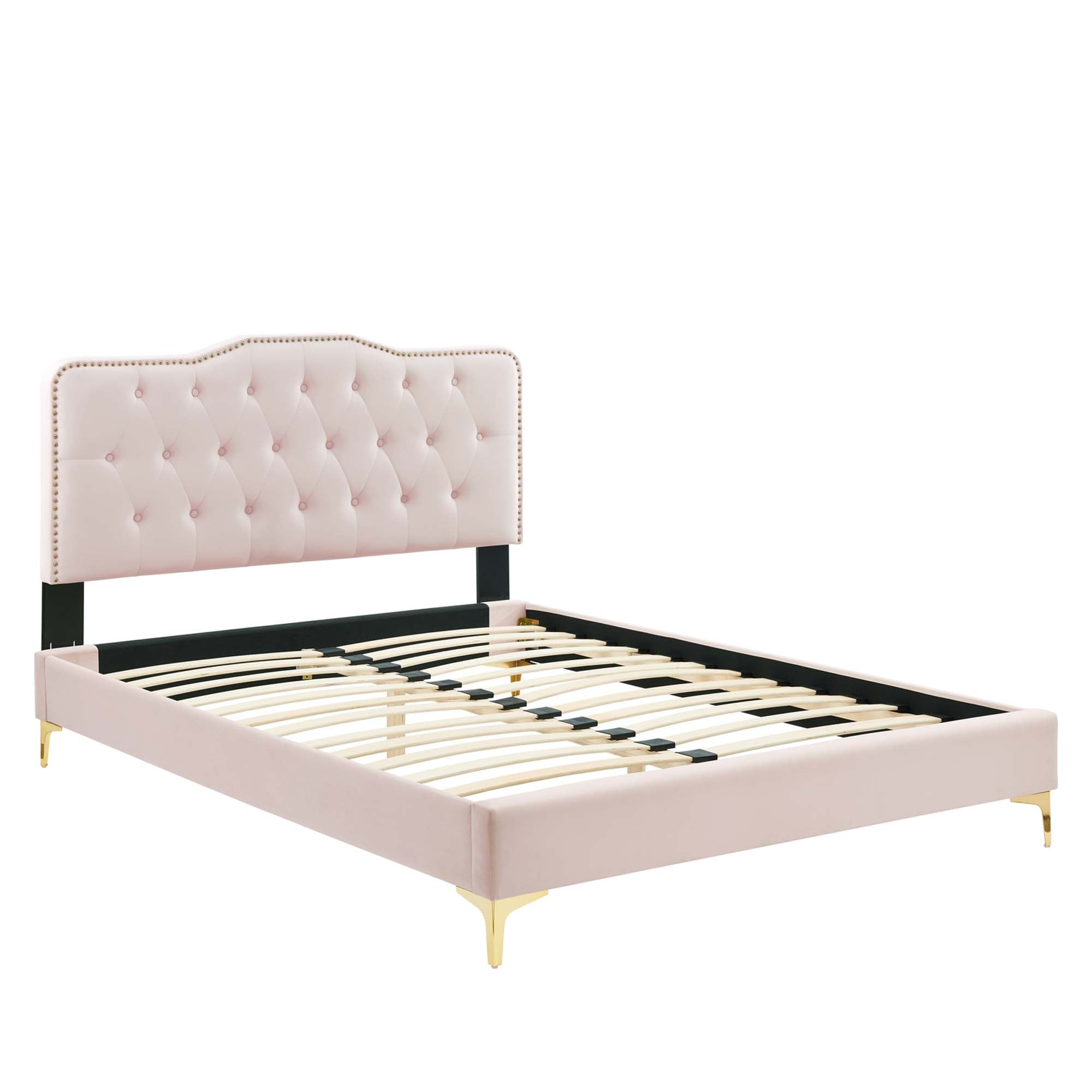 Amber Performance Velvet Platform Bed With Gold Legs