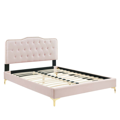 Amber Performance Velvet Platform Bed With Gold Legs