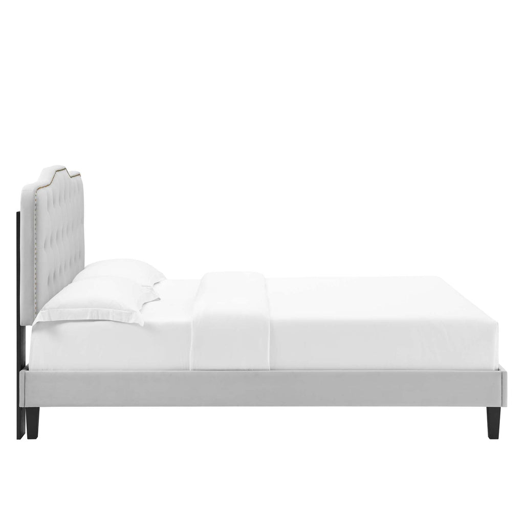 Amber Performance Velvet Platform Bed With Black Wood Legs
