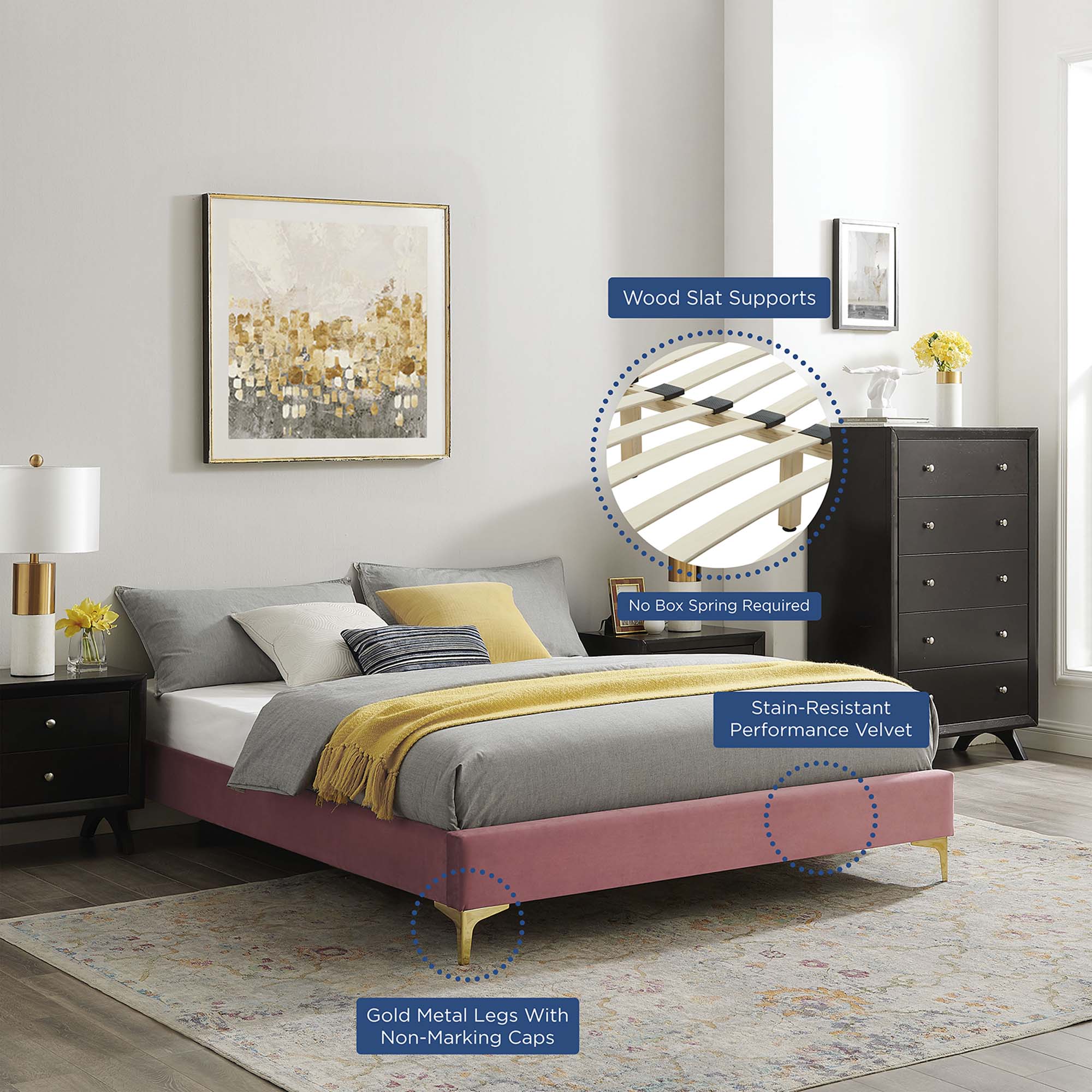 Aviana Performance Velvet Bed With Gold Legs