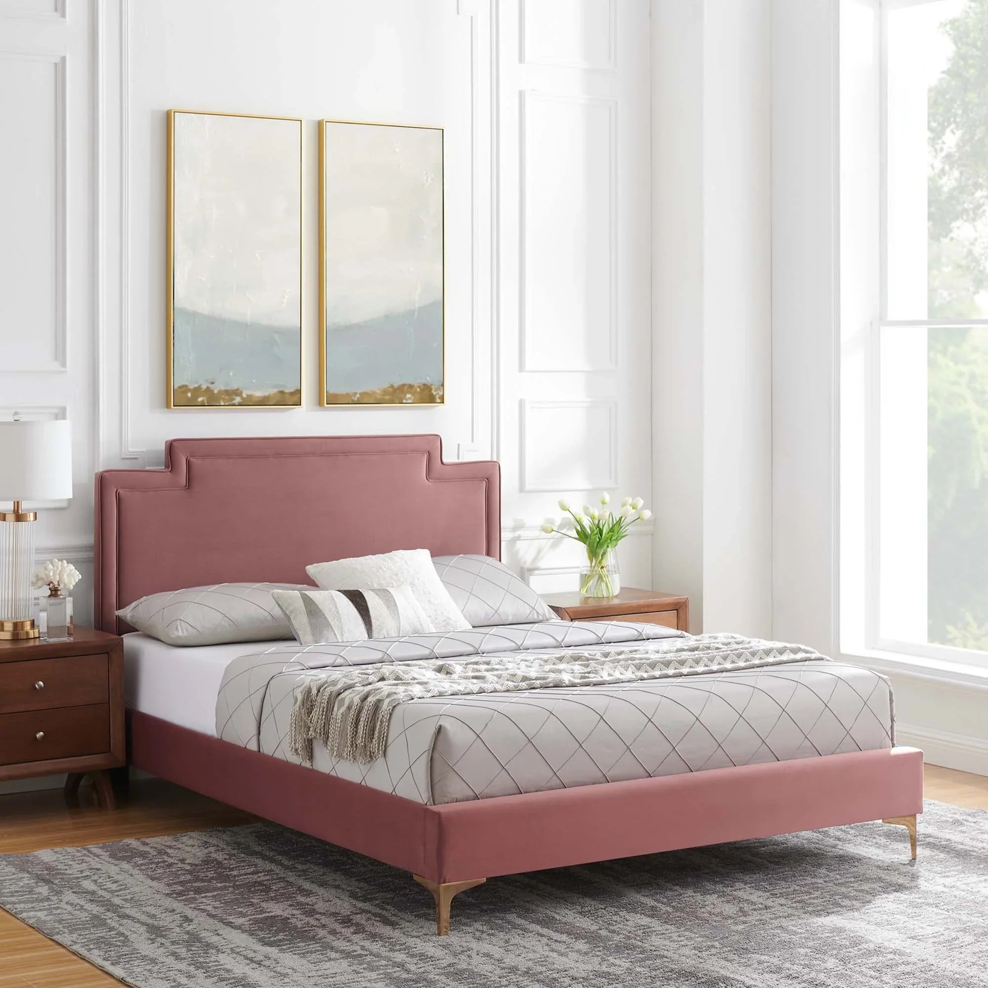 Liva Performance Velvet Bed With Gold Metal Legs