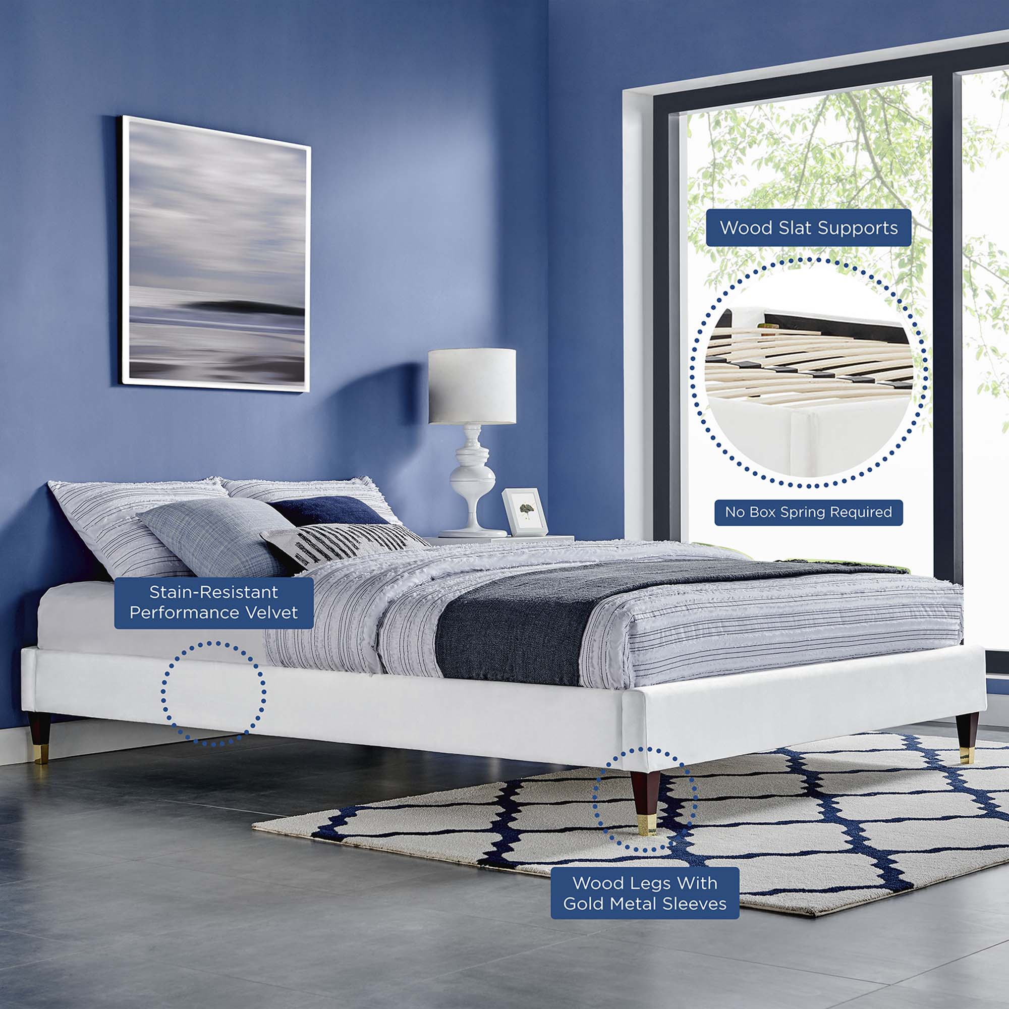 Aviana Performance Velvet Bed With Wood and Gold Legs
