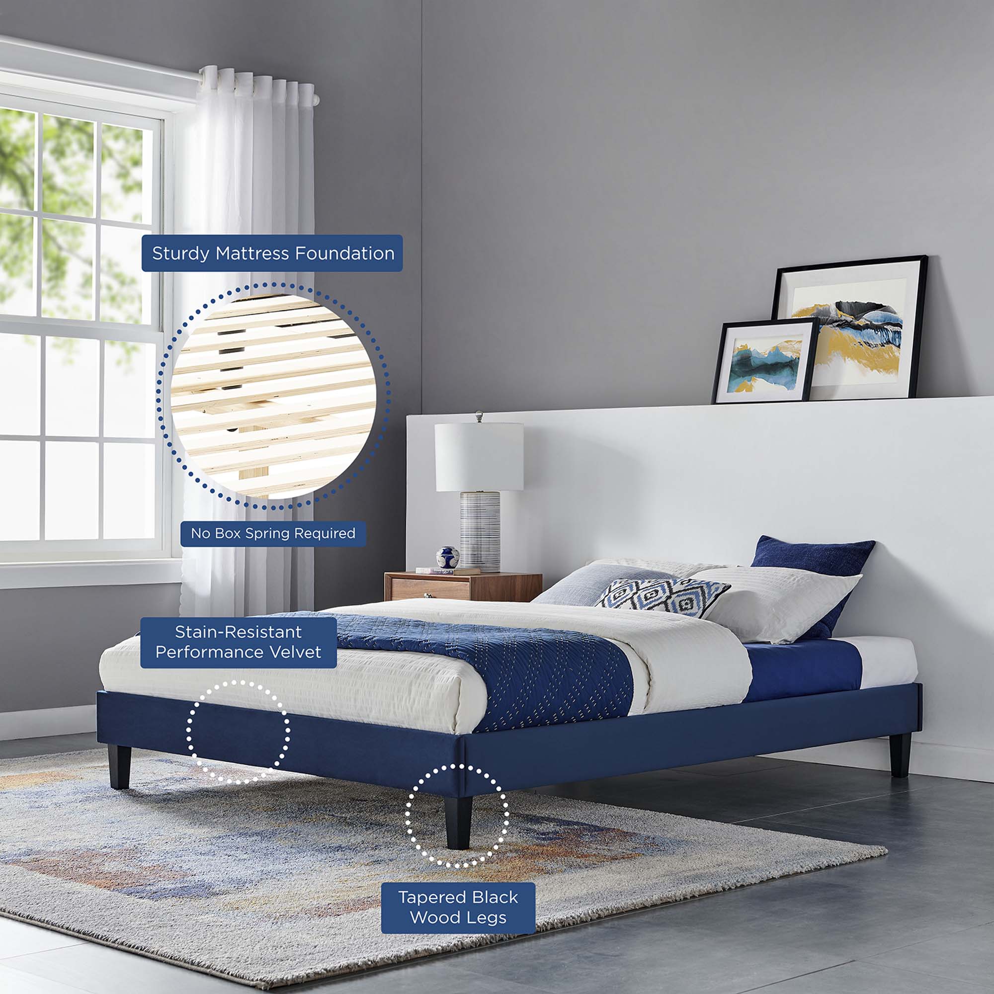 Aviana Performance Velvet Bed With Black Wood Legs