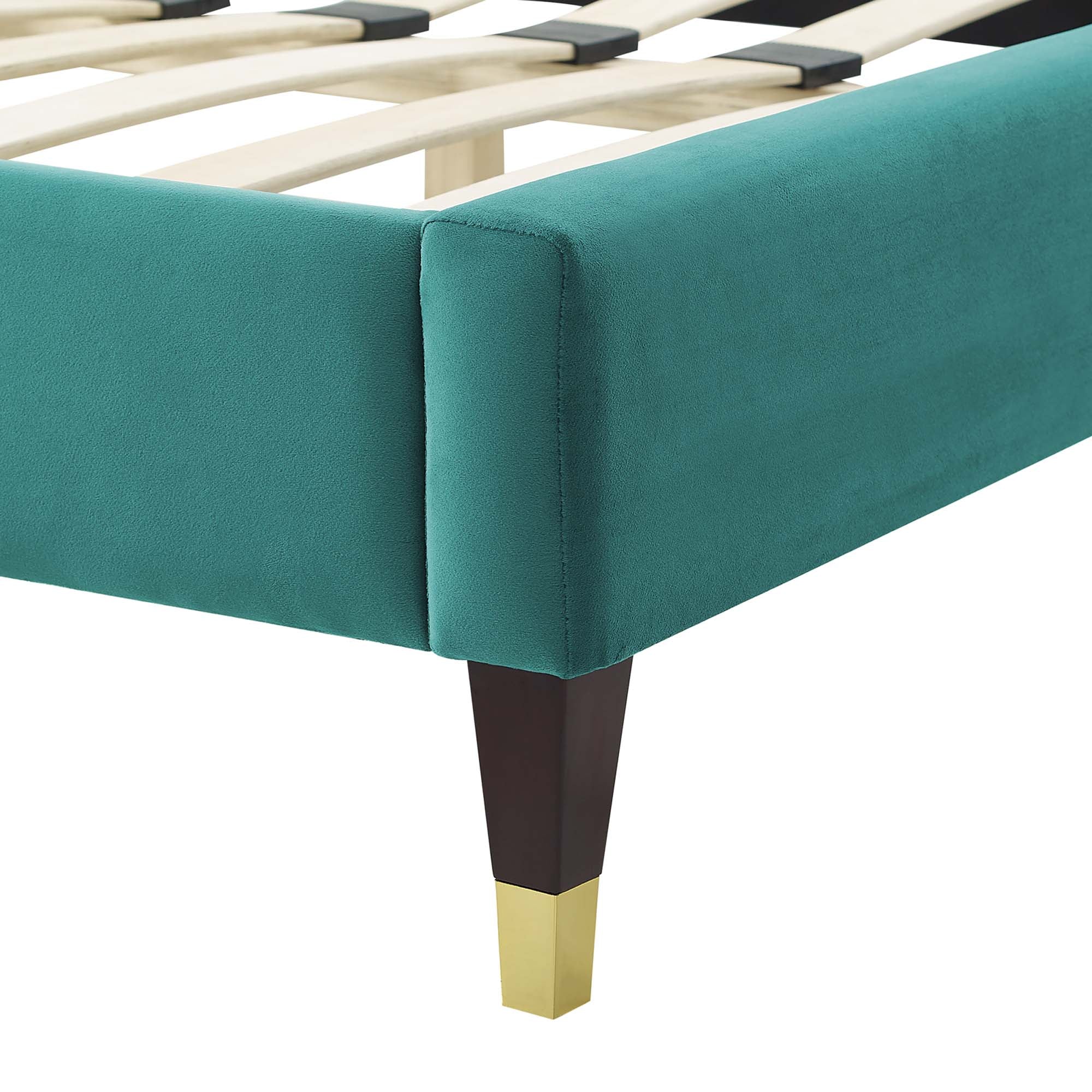 Elise Performance Velvet Platform Bed With Wood and Gold Legs