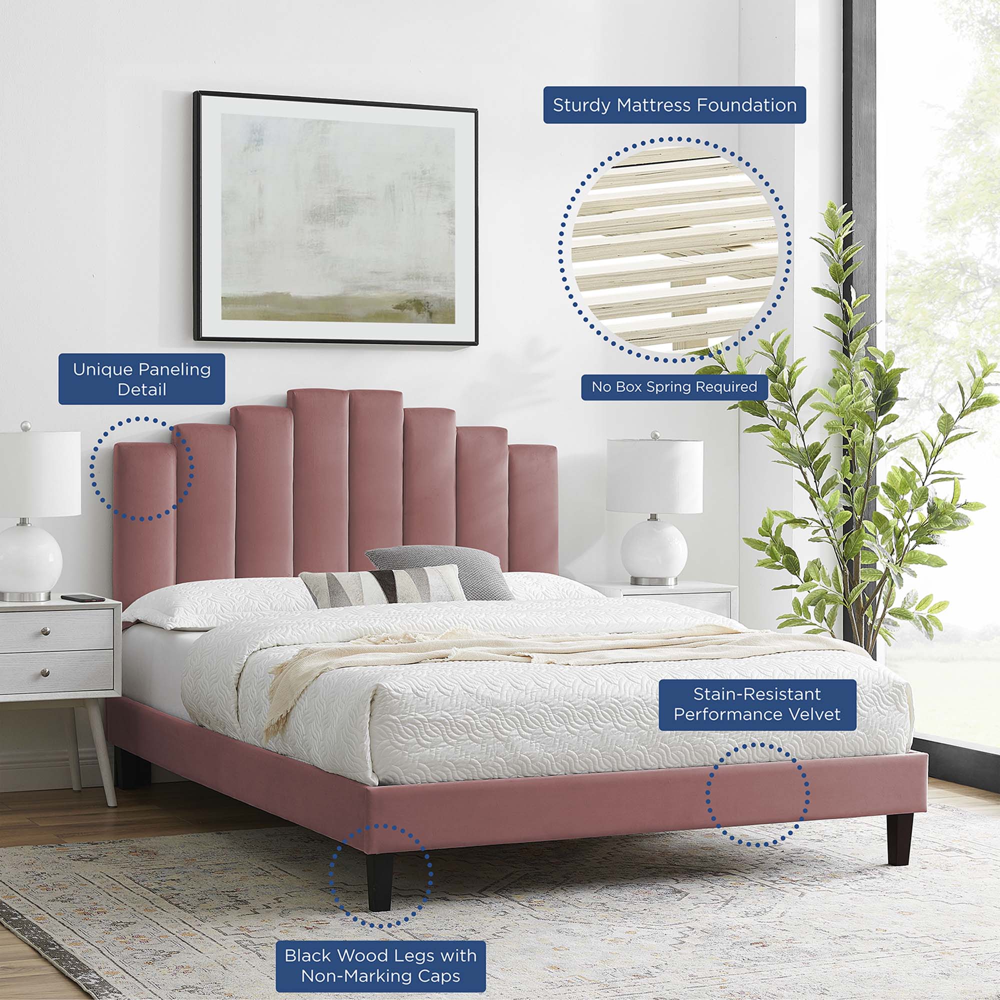 Elise Performance Velvet Platform Bed With Black Wood Legs