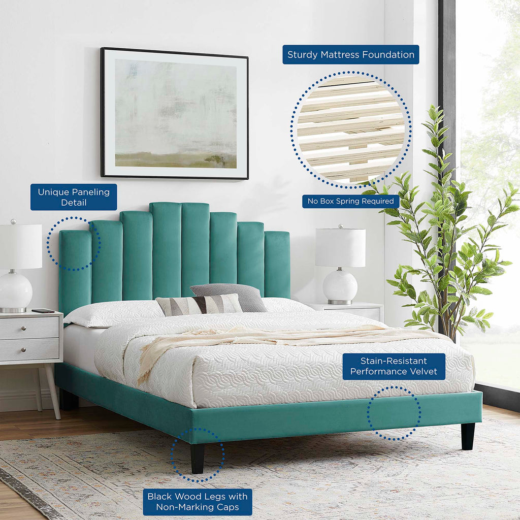 Elise Performance Velvet Platform Bed With Black Wood Legs