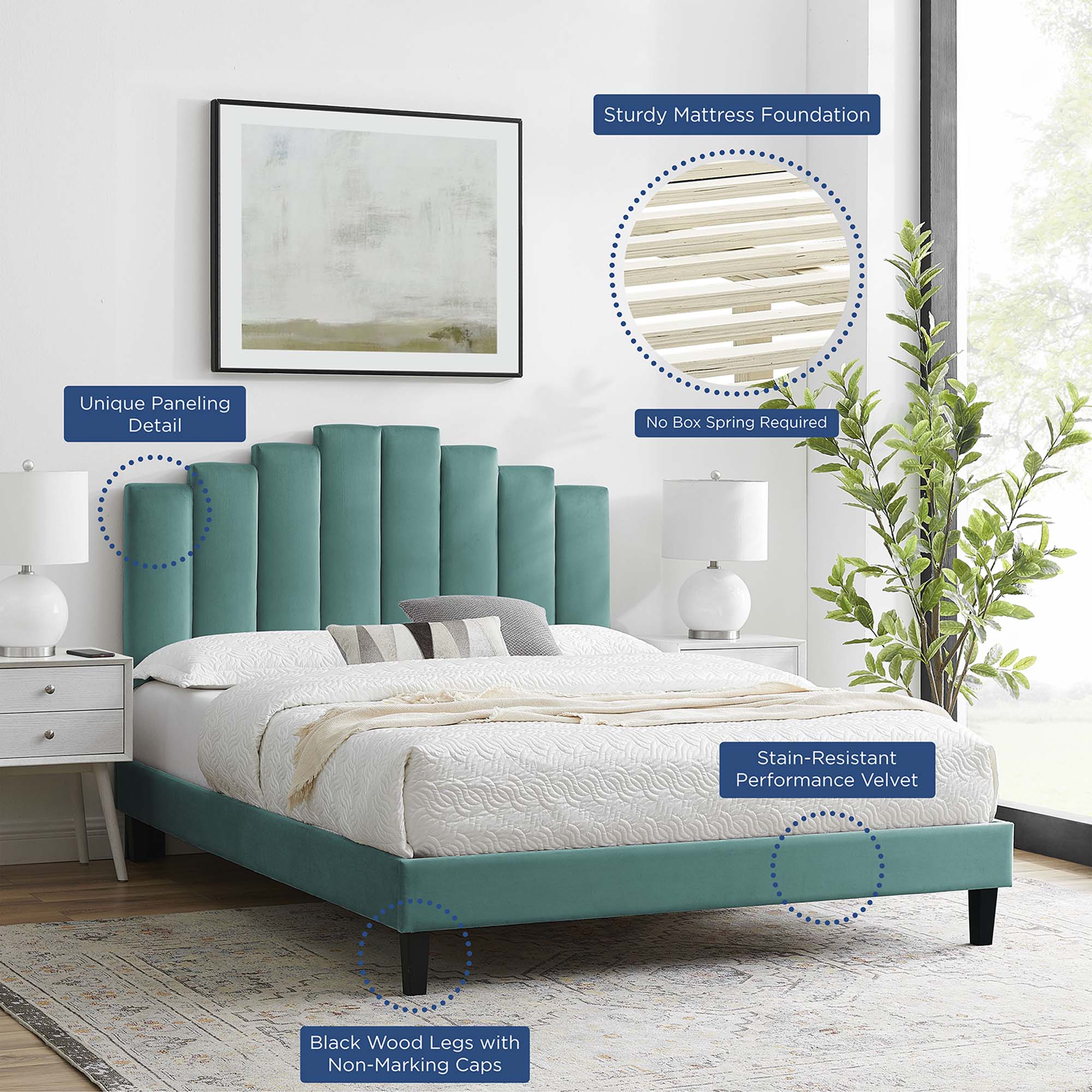 Elise Performance Velvet Platform Bed With Black Wood Legs