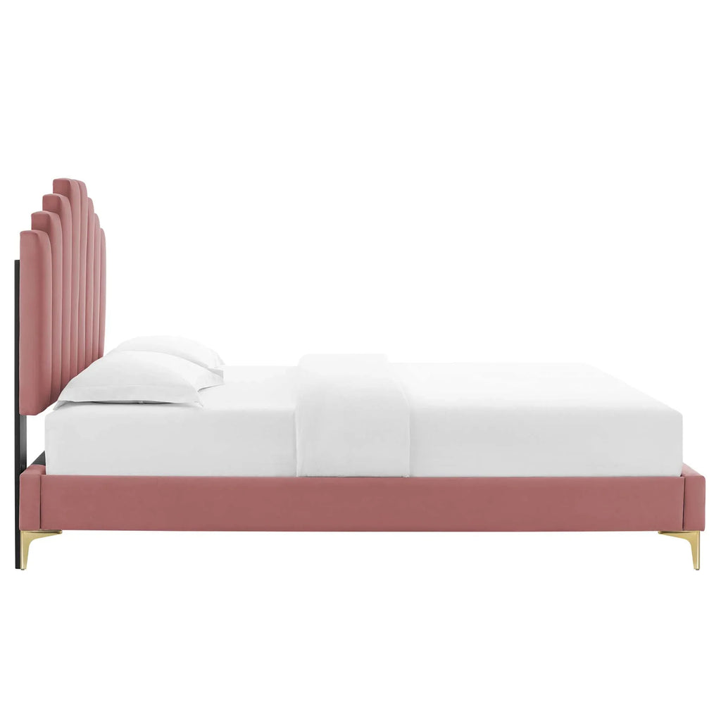 Elise Performance Velvet Platform Bed With Gold Metal Legs