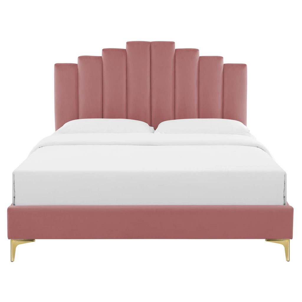 Elise Performance Velvet Platform Bed With Gold Metal Legs