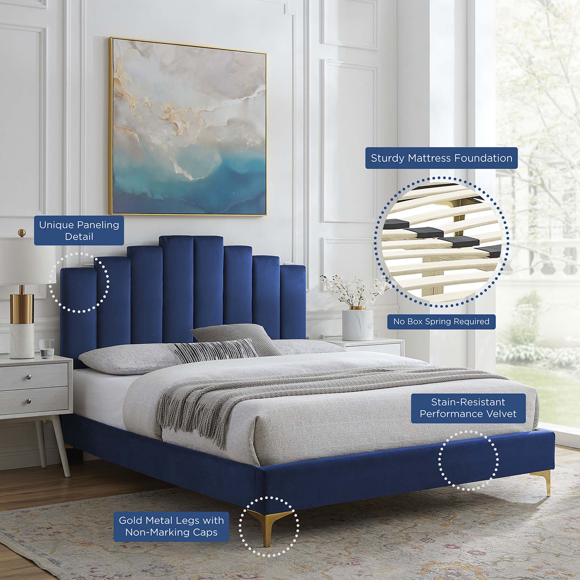 Elise Performance Velvet Platform Bed With Gold Metal Legs