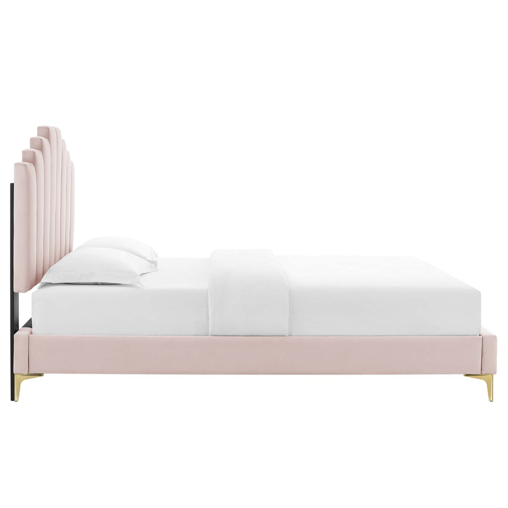 Elise Performance Velvet Platform Bed With Gold Metal Legs