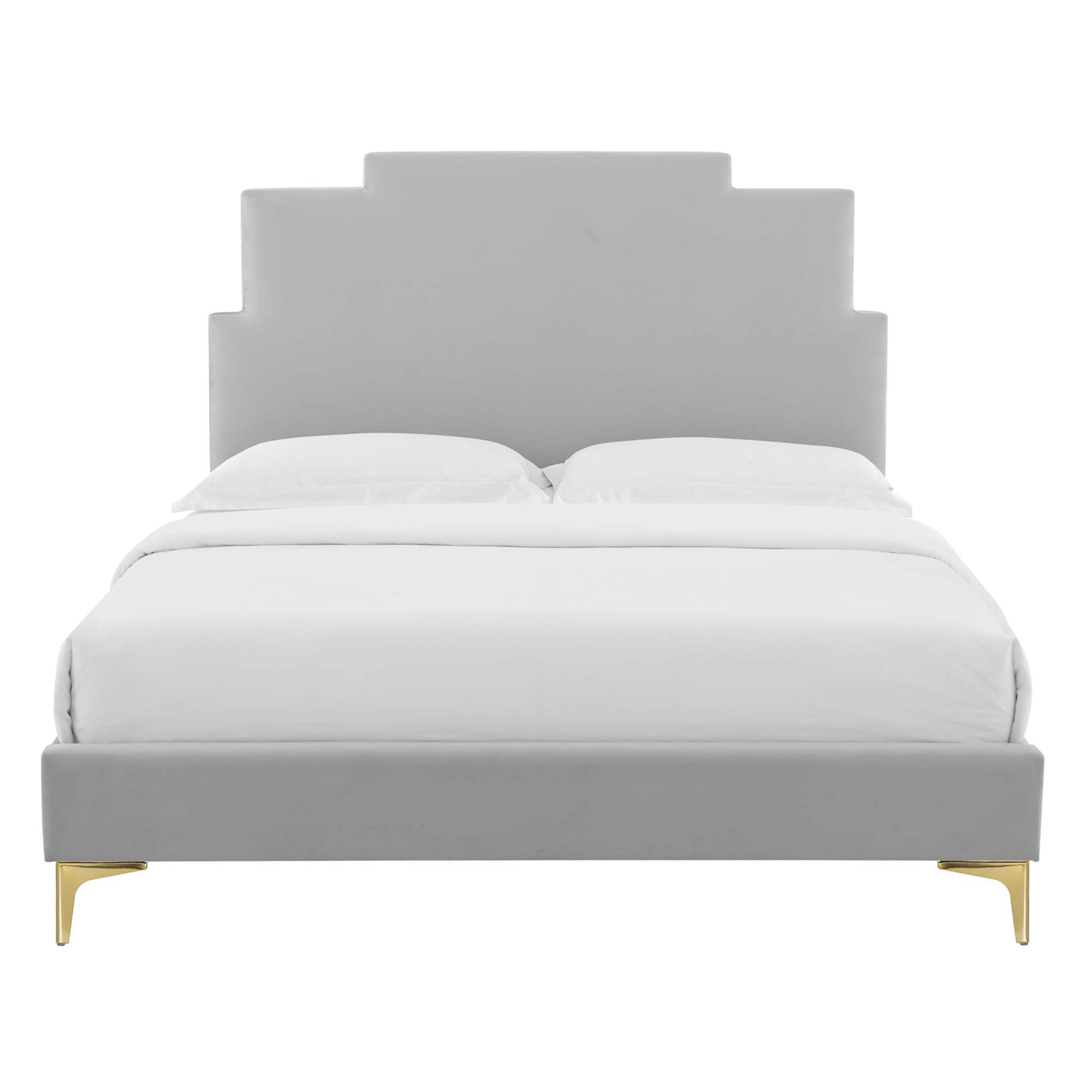 Lindsey Performance Velvet Platform Bed With Gold Metal Legs