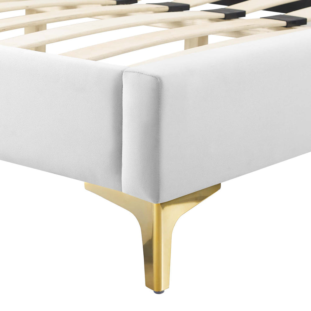 Sienna Performance Velvet Platform Bed With Gold Metal Legs
