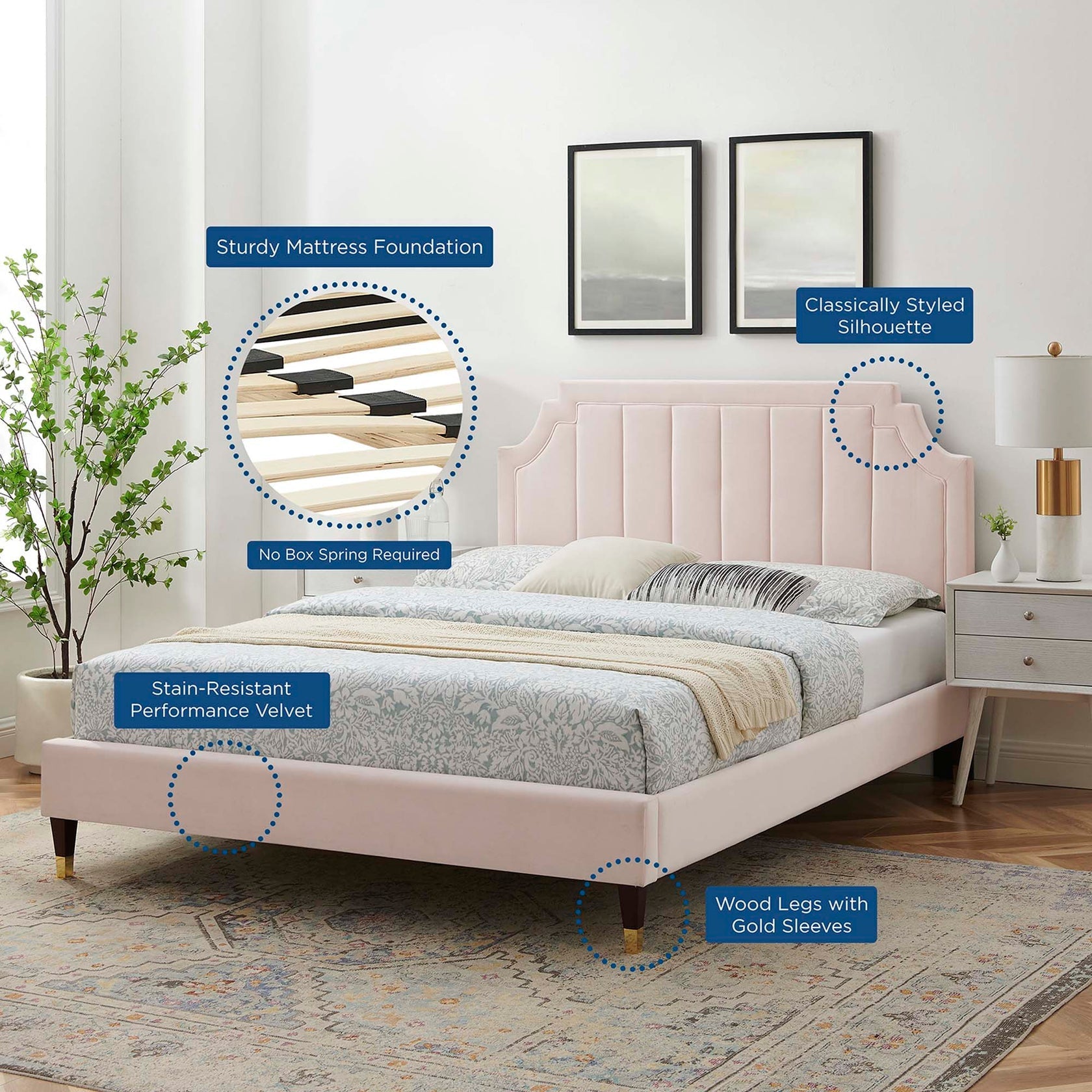 Sienna Performance Velvet Platform Bed With Wood and Gold Legs