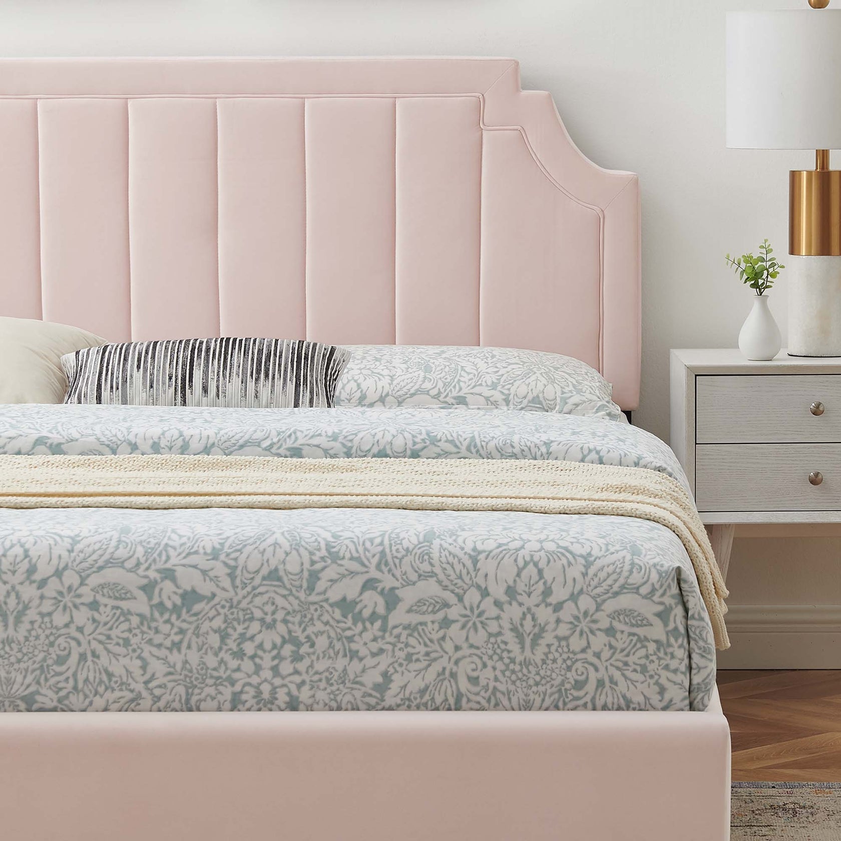 Sienna Performance Velvet Platform Bed With Wood and Gold Legs