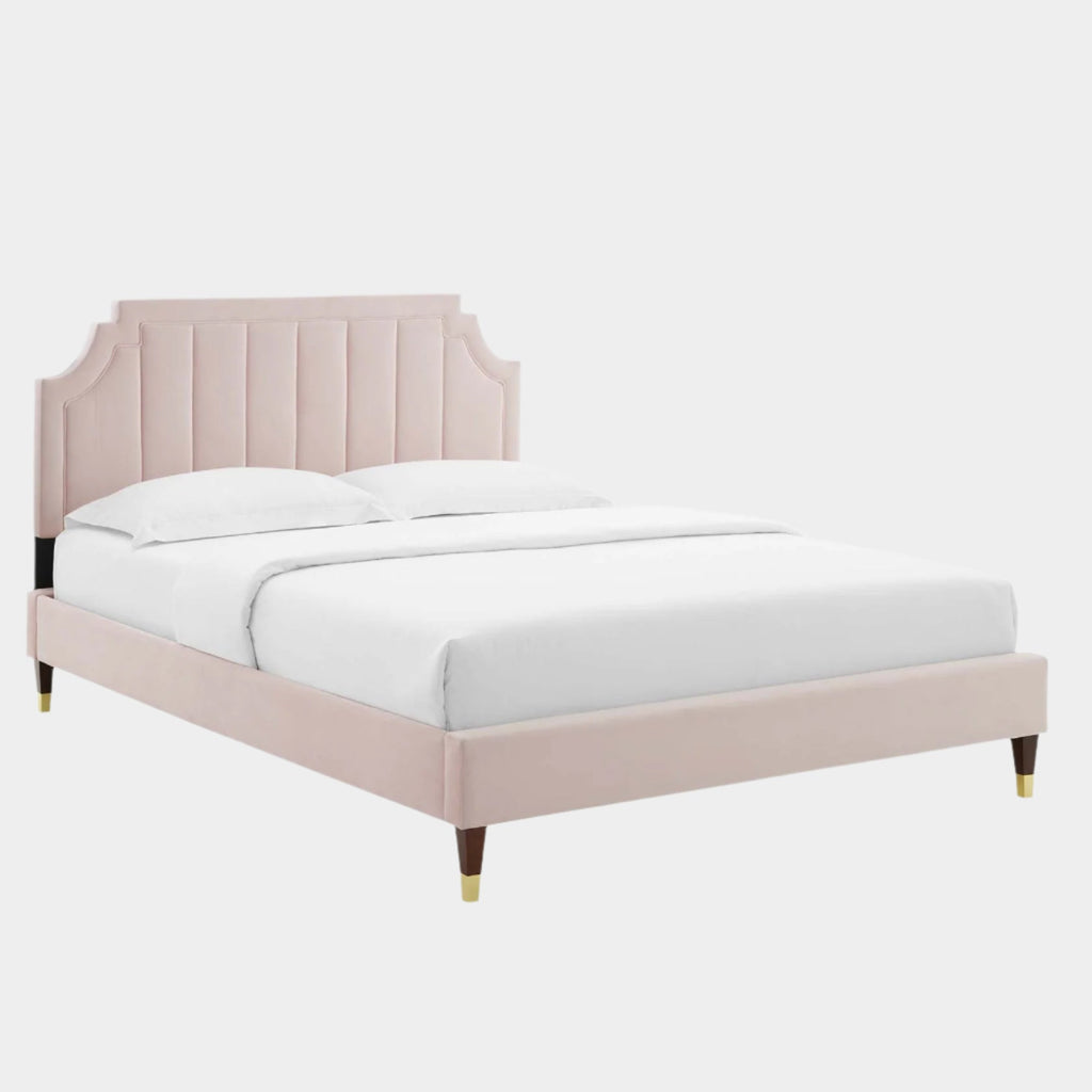 Sienna Performance Velvet Platform Bed With Wood and Gold Legs
