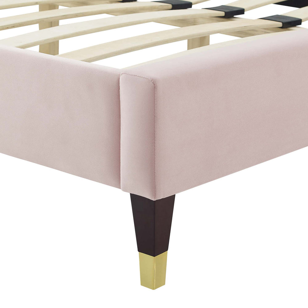 Sienna Performance Velvet Platform Bed With Wood and Gold Legs