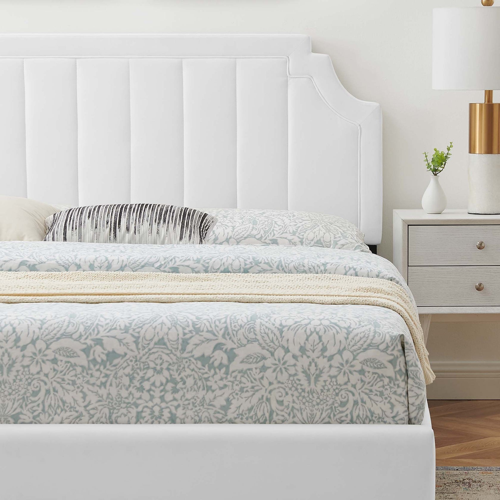 Sienna Performance Velvet Platform Bed With Wood and Gold Legs