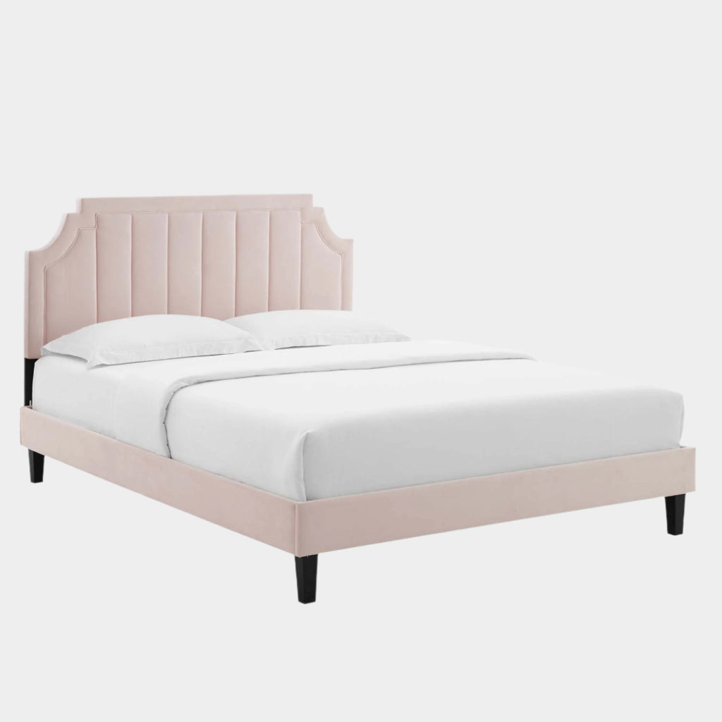 Sienna Performance Velvet Platform Bed With Black Wood Legs