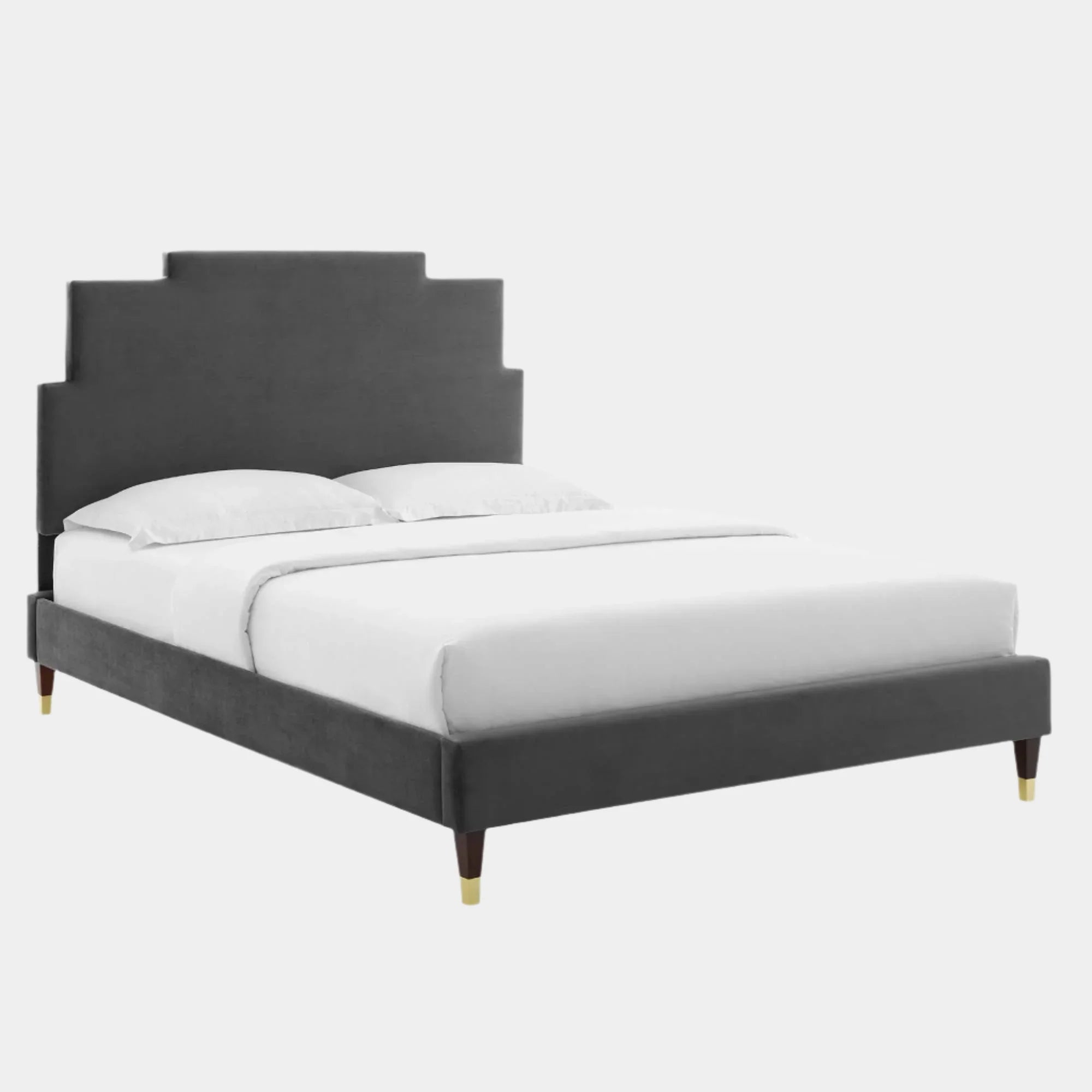 Lindsey Performance Velvet Platform Bed With Wood and Gold Legs