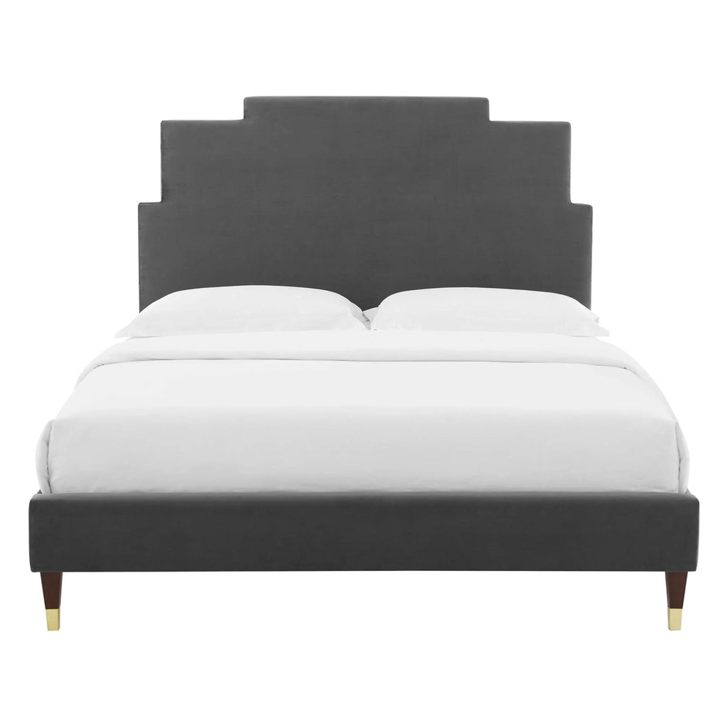 Lindsey Performance Velvet Platform Bed With Wood and Gold Legs