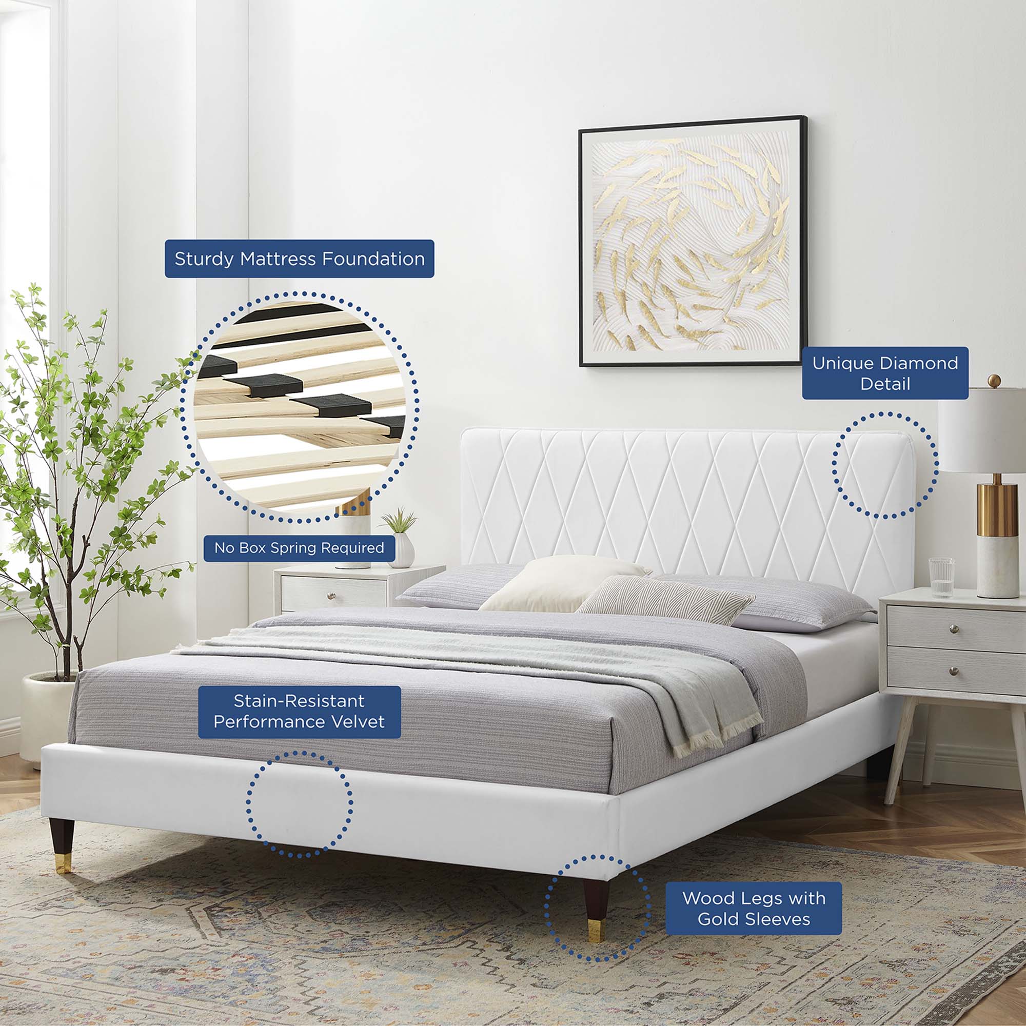Phillipa Performance Velvet Platform Bed With Wood and Gold Legs