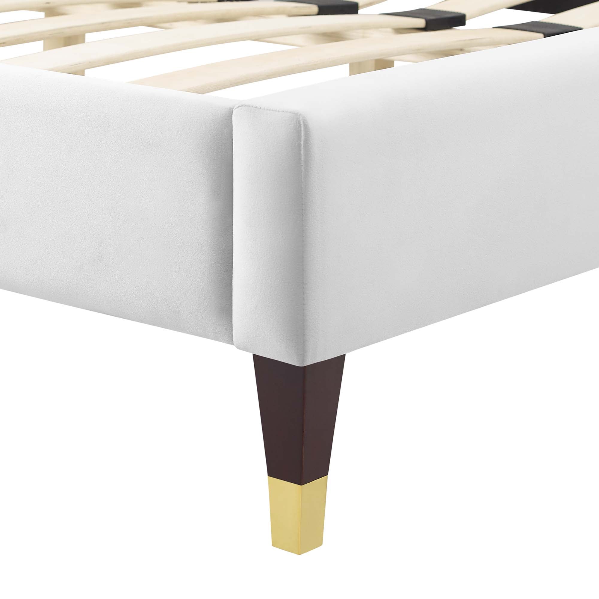 Phillipa Performance Velvet Platform Bed With Wood and Gold Legs