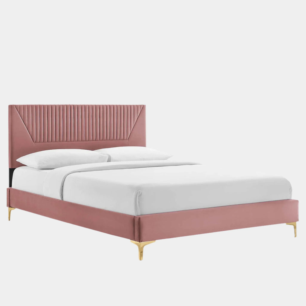 Sienna Performance Velvet Platform Bed With Black Wood Legs