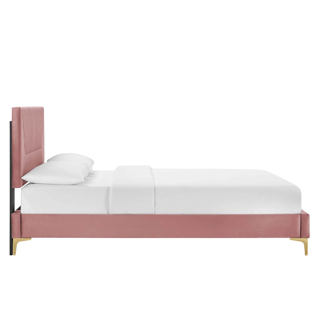 Sienna Performance Velvet Platform Bed With Black Wood Legs