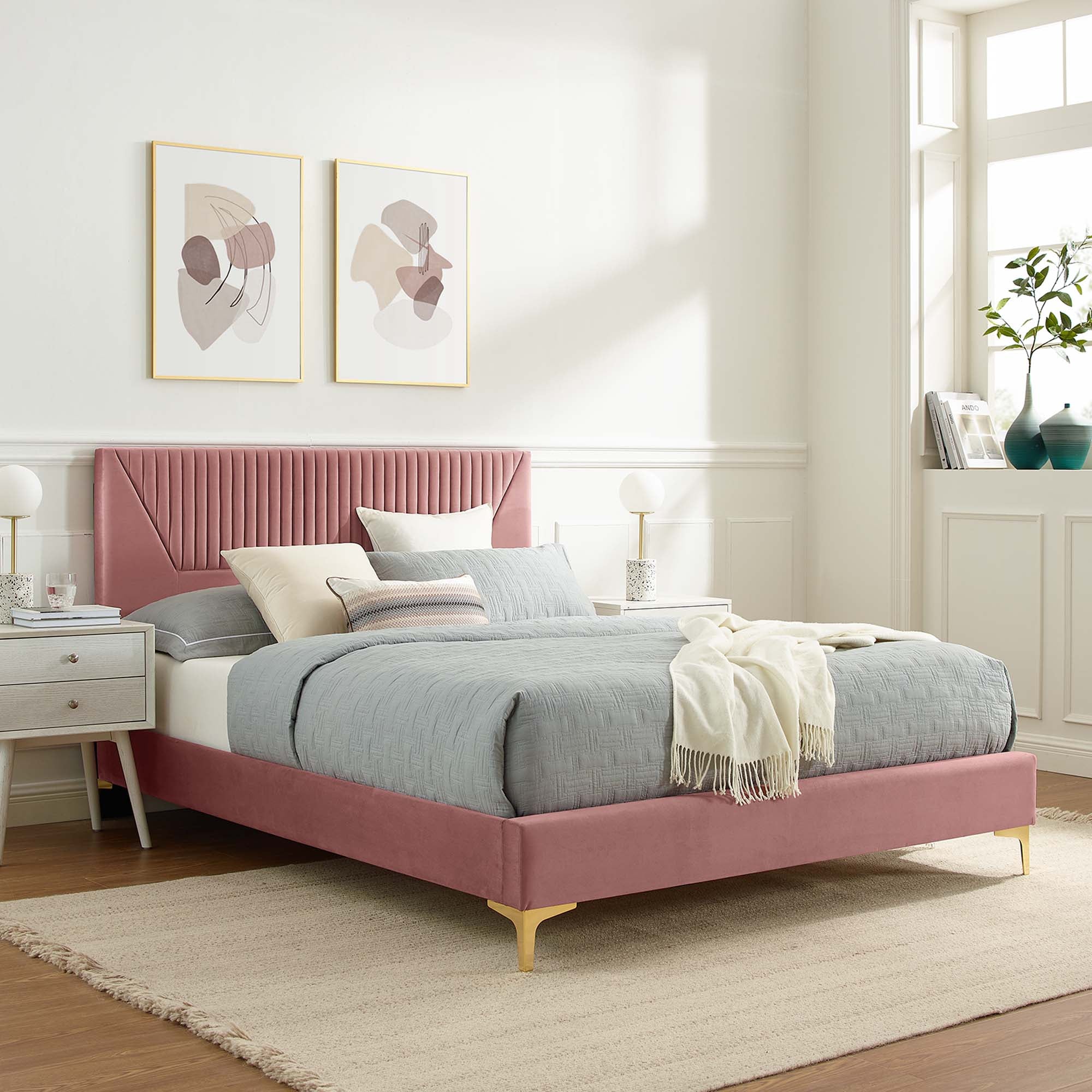 Sienna Performance Velvet Platform Bed With Black Wood Legs