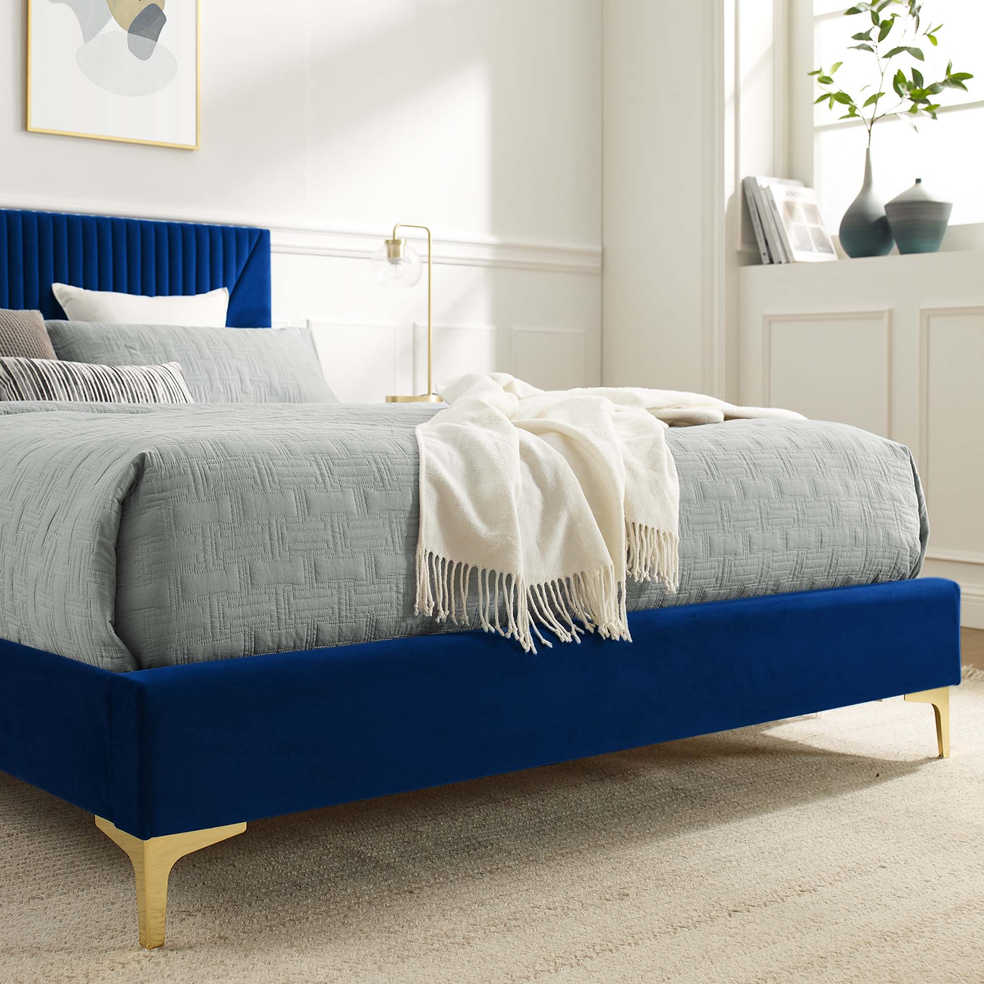 Sienna Performance Velvet Platform Bed With Black Wood Legs