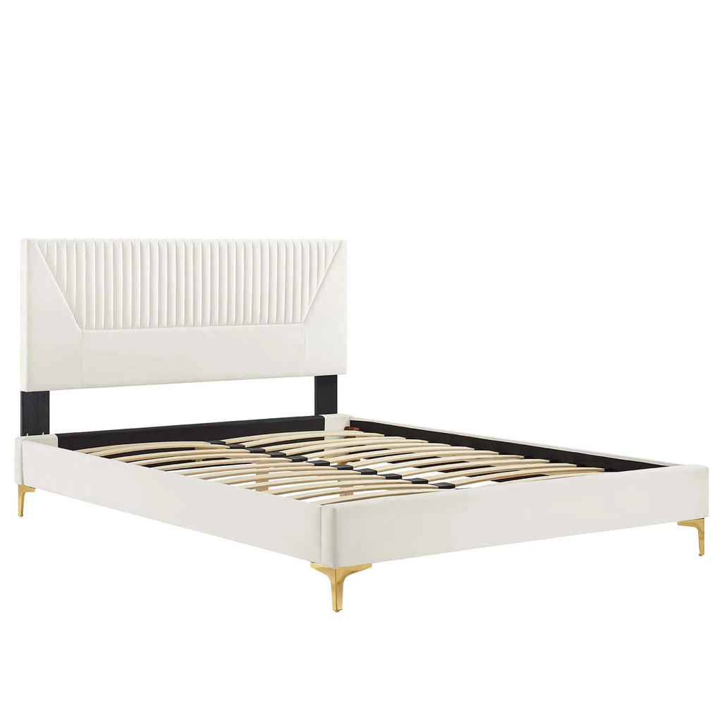 Sienna Performance Velvet Platform Bed With Black Wood Legs