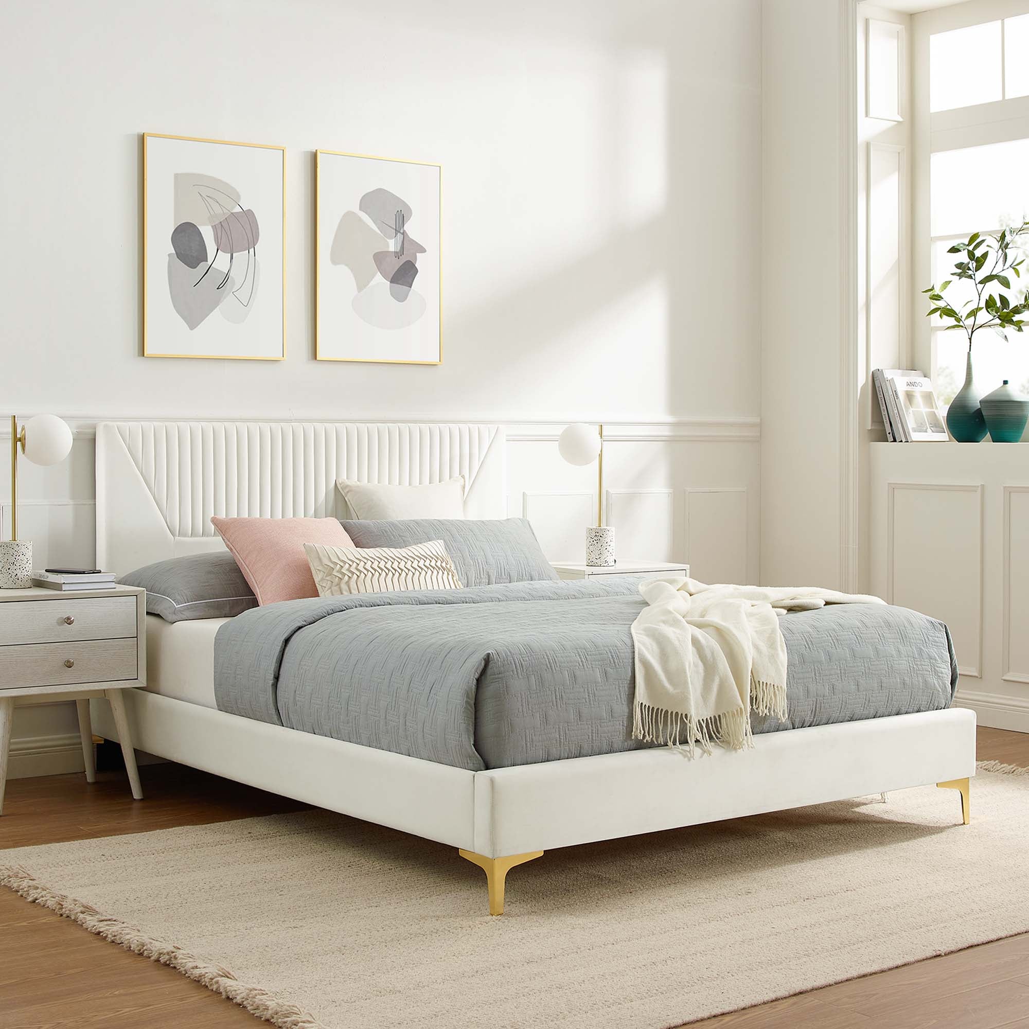 Sienna Performance Velvet Platform Bed With Black Wood Legs