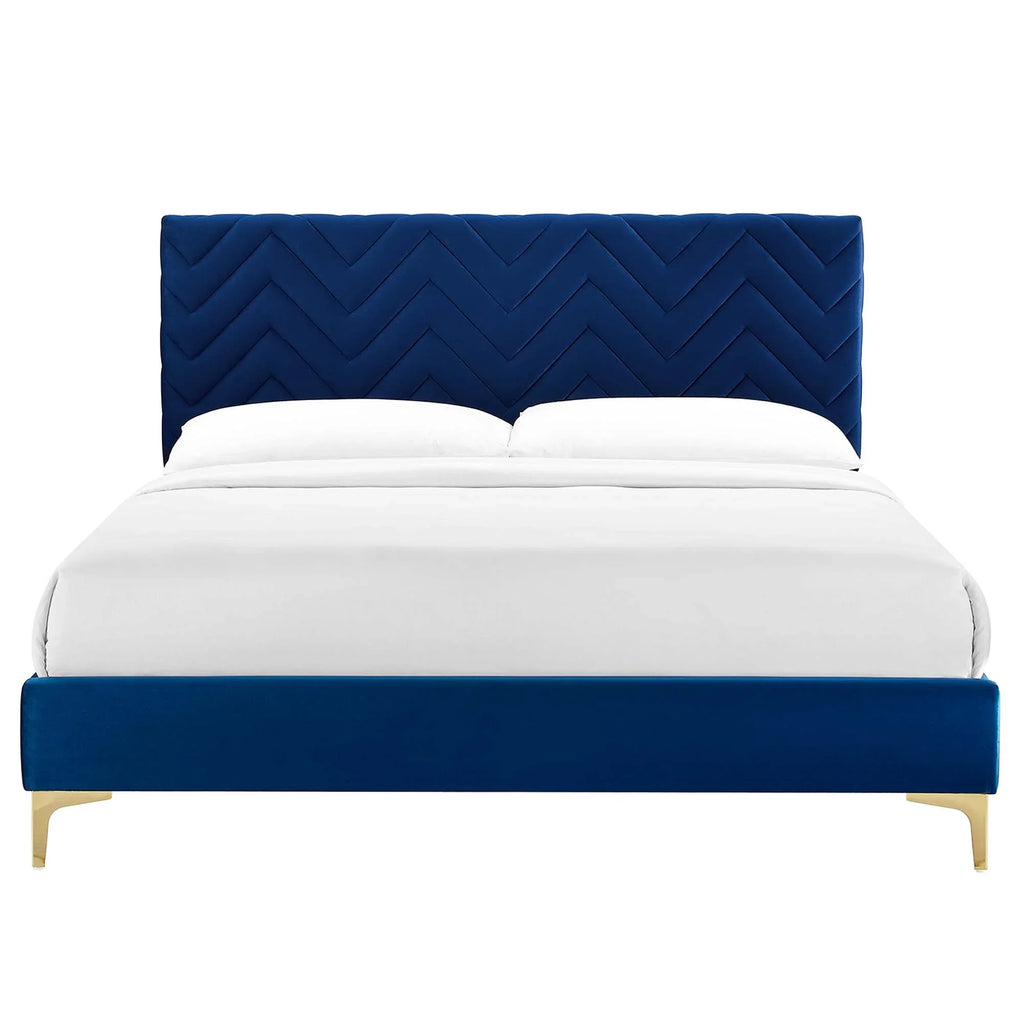 Leah Chevron Tufted Performance Velvet Platform Bed With Gold Metal Legs