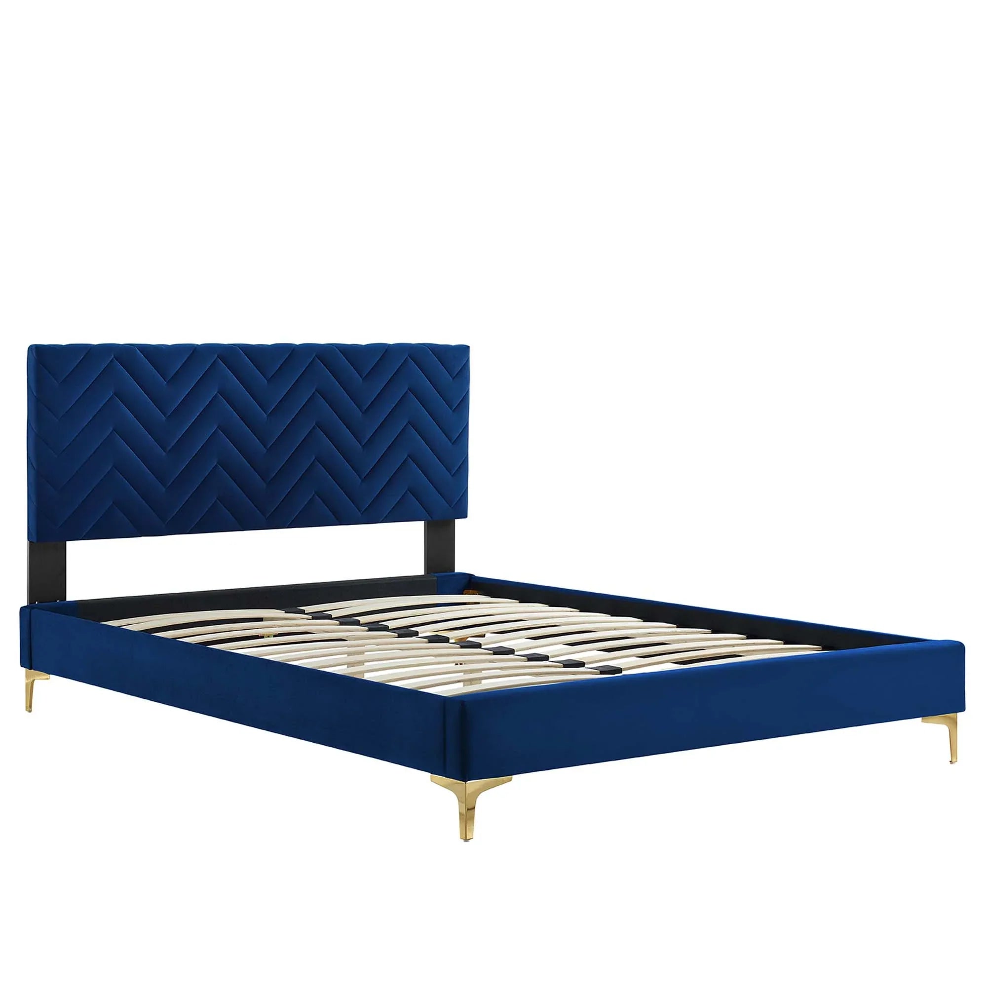 Leah Chevron Tufted Performance Velvet Platform Bed With Gold Metal Legs